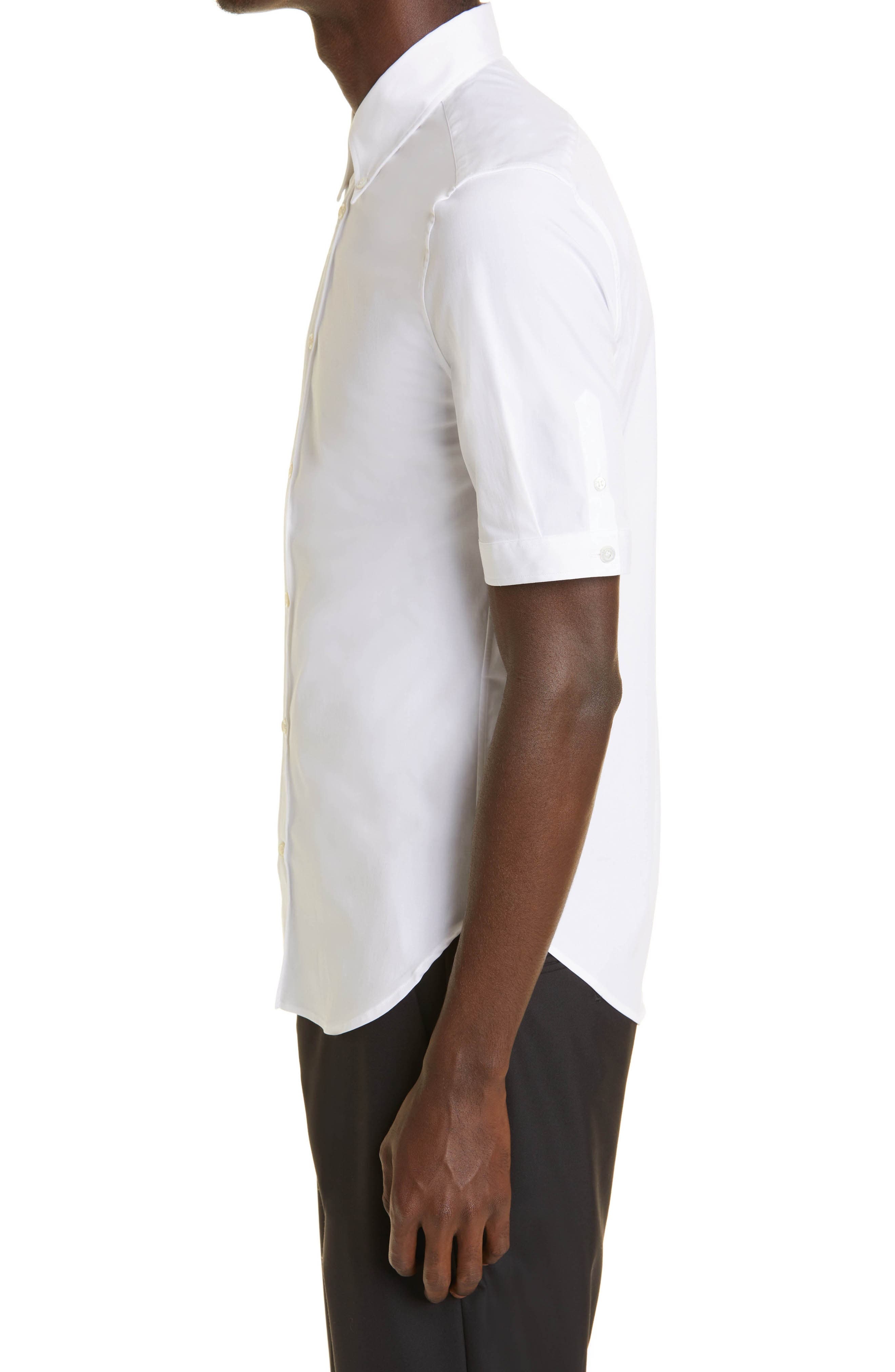 Alexander McQueen Short Sleeve Cotton Stretch Poplin Button-Down Shirt in White at Nordstrom, Size 1 - 3