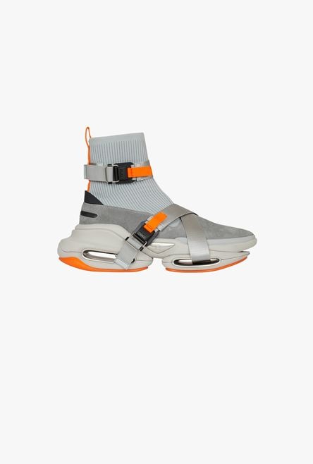 Gray suede and knit B-Bold sneakers with straps - 1