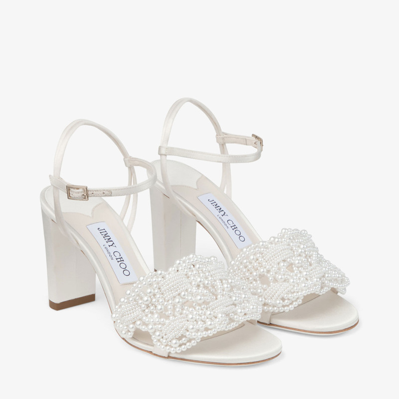 Cary 85 Ivory Satin Block Heel Sandal with Pearl Embellishments 2