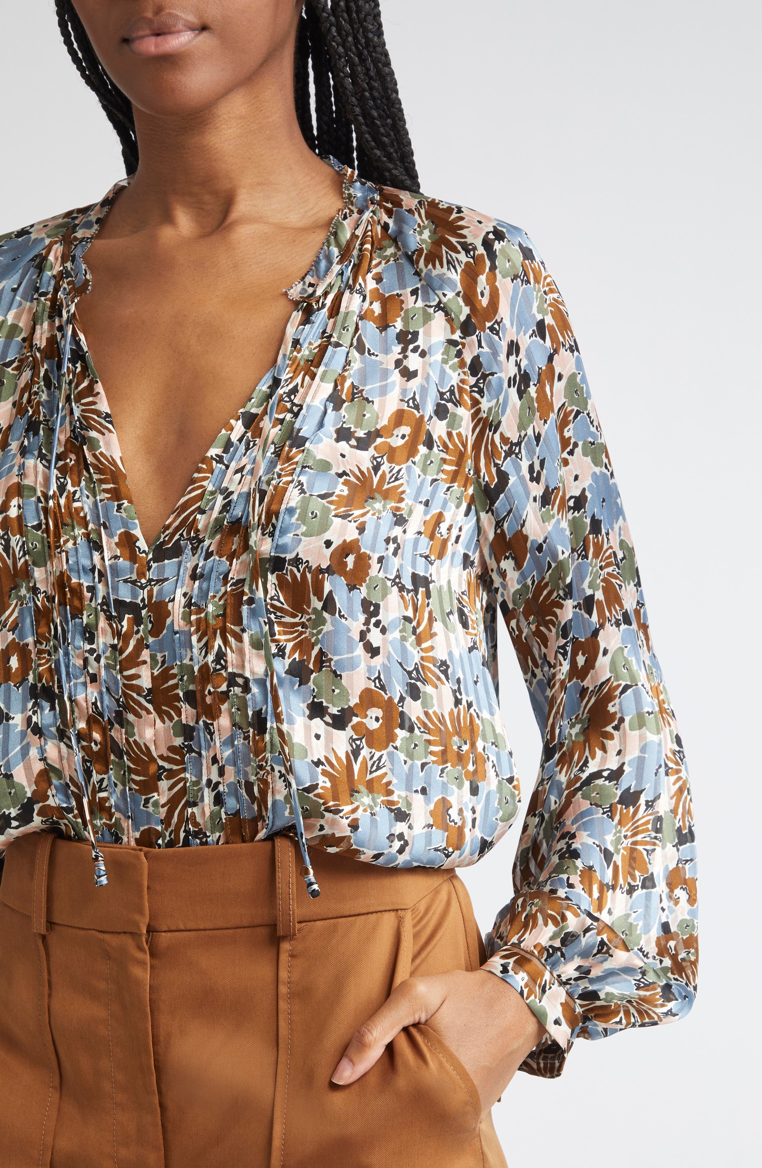 Veronica Beard Linds Pleated Silk Top in Lake Mist Multi at Nordstrom - 5