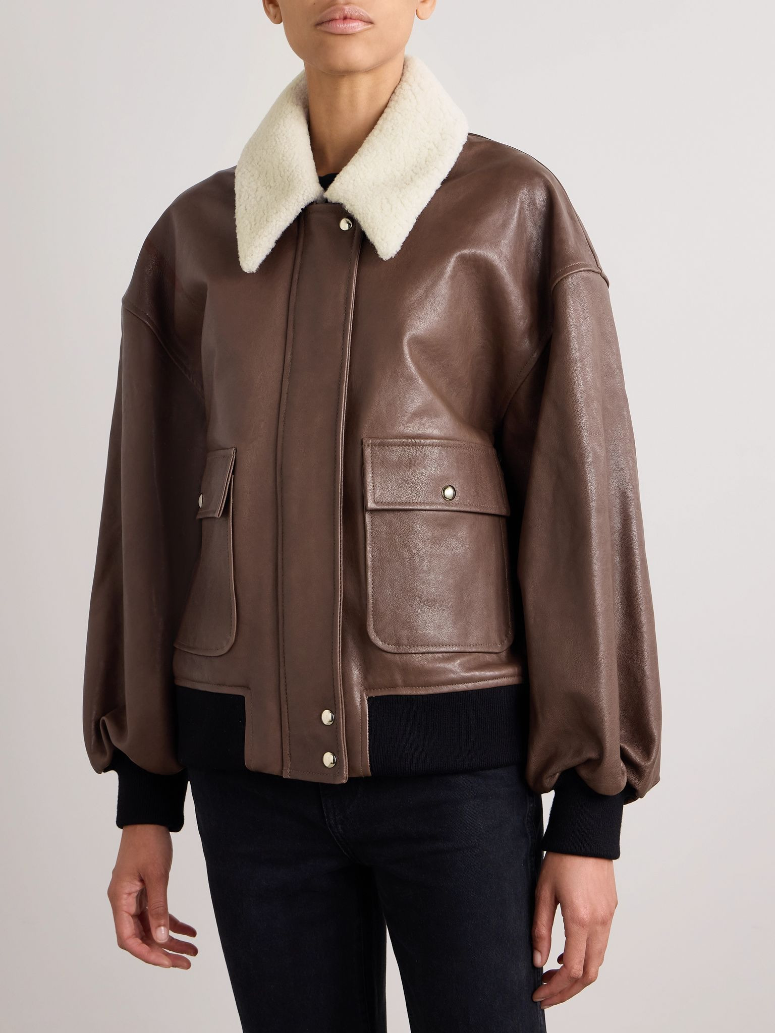 Shellar oversized shearling-trimmed leather jacket Brown - 3