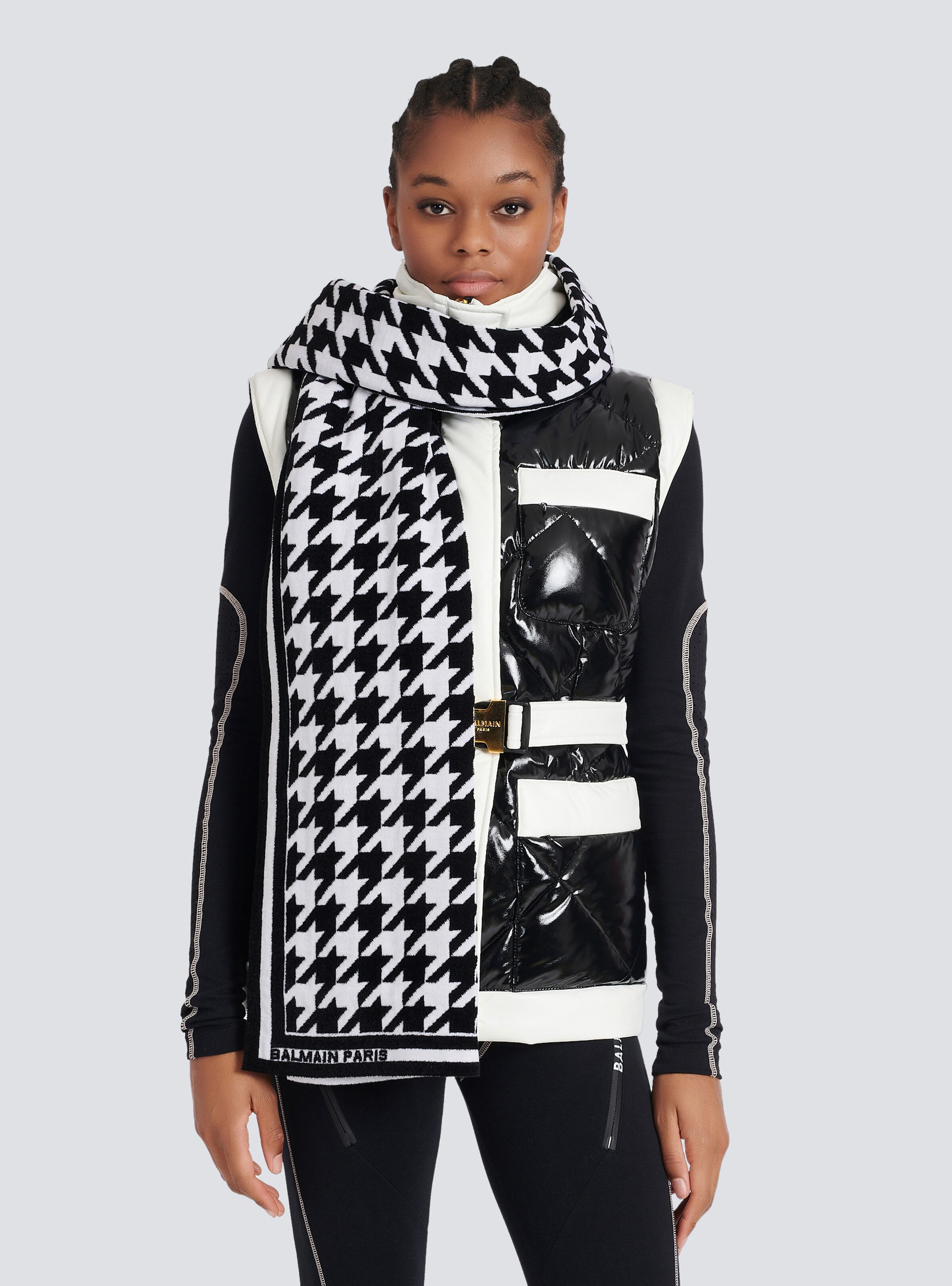 Houndstooth print wool and velvet scarf - 5