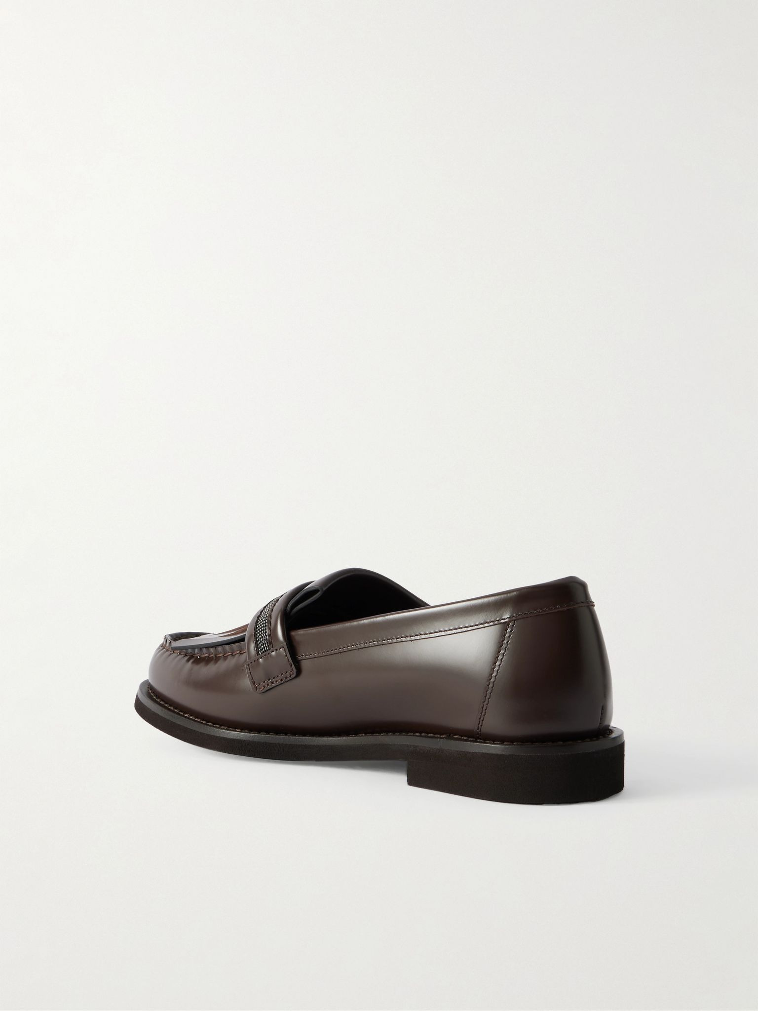 Bead-embellished fringed leather loafers Dark brown - 3