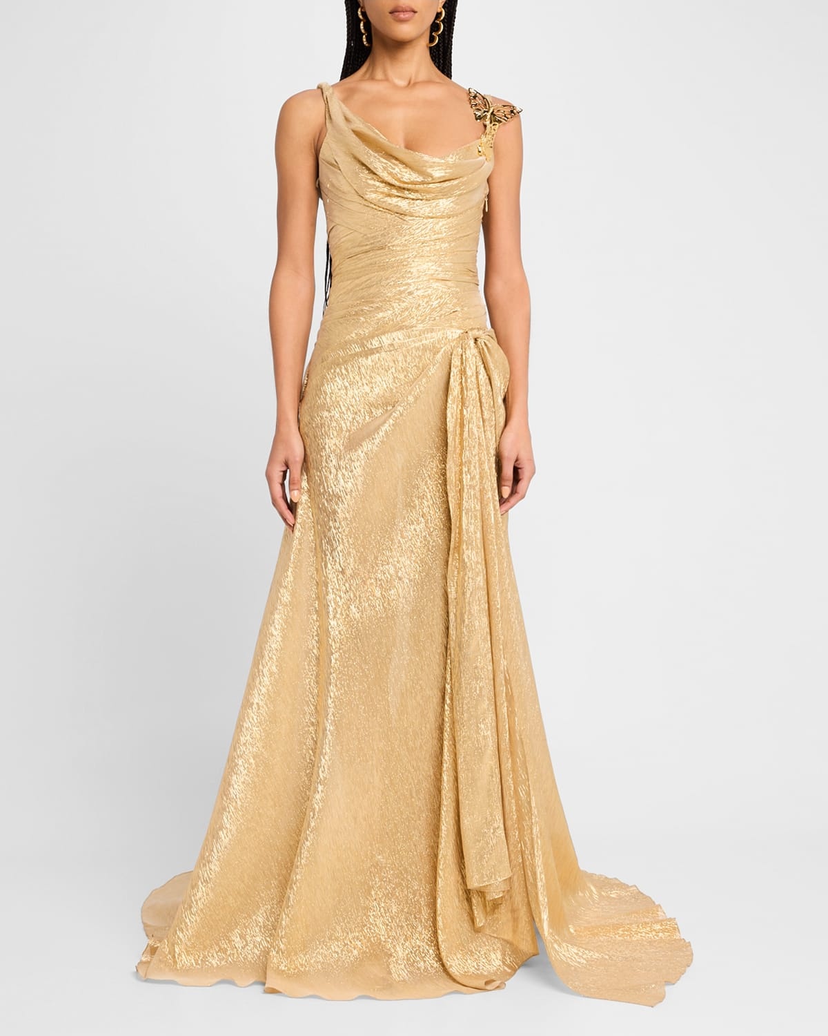 Butterfly Cowl-Neck Lame Gown With Slit - 2
