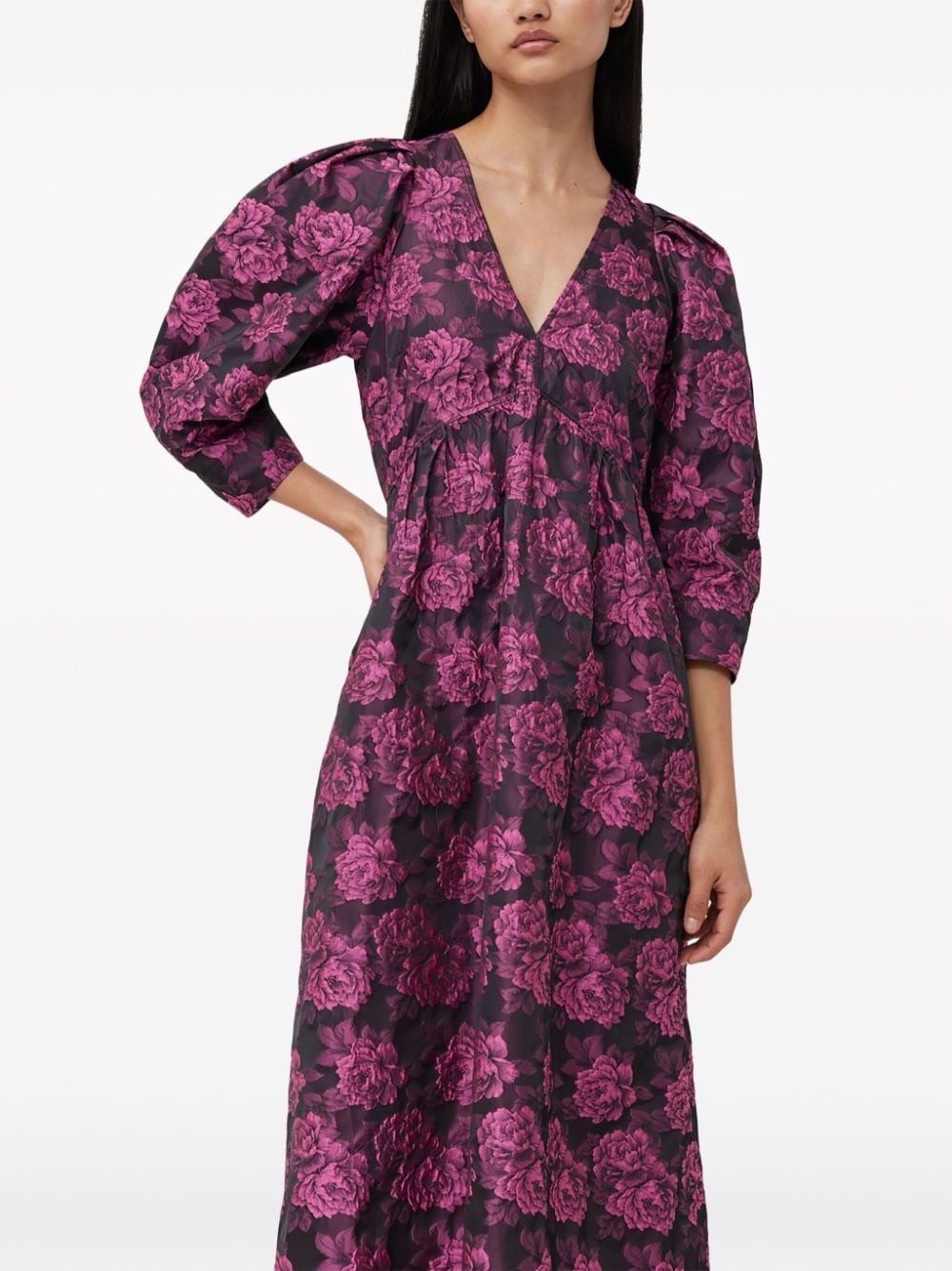 botanical-jacquard puff-sleeves midi dress - 5