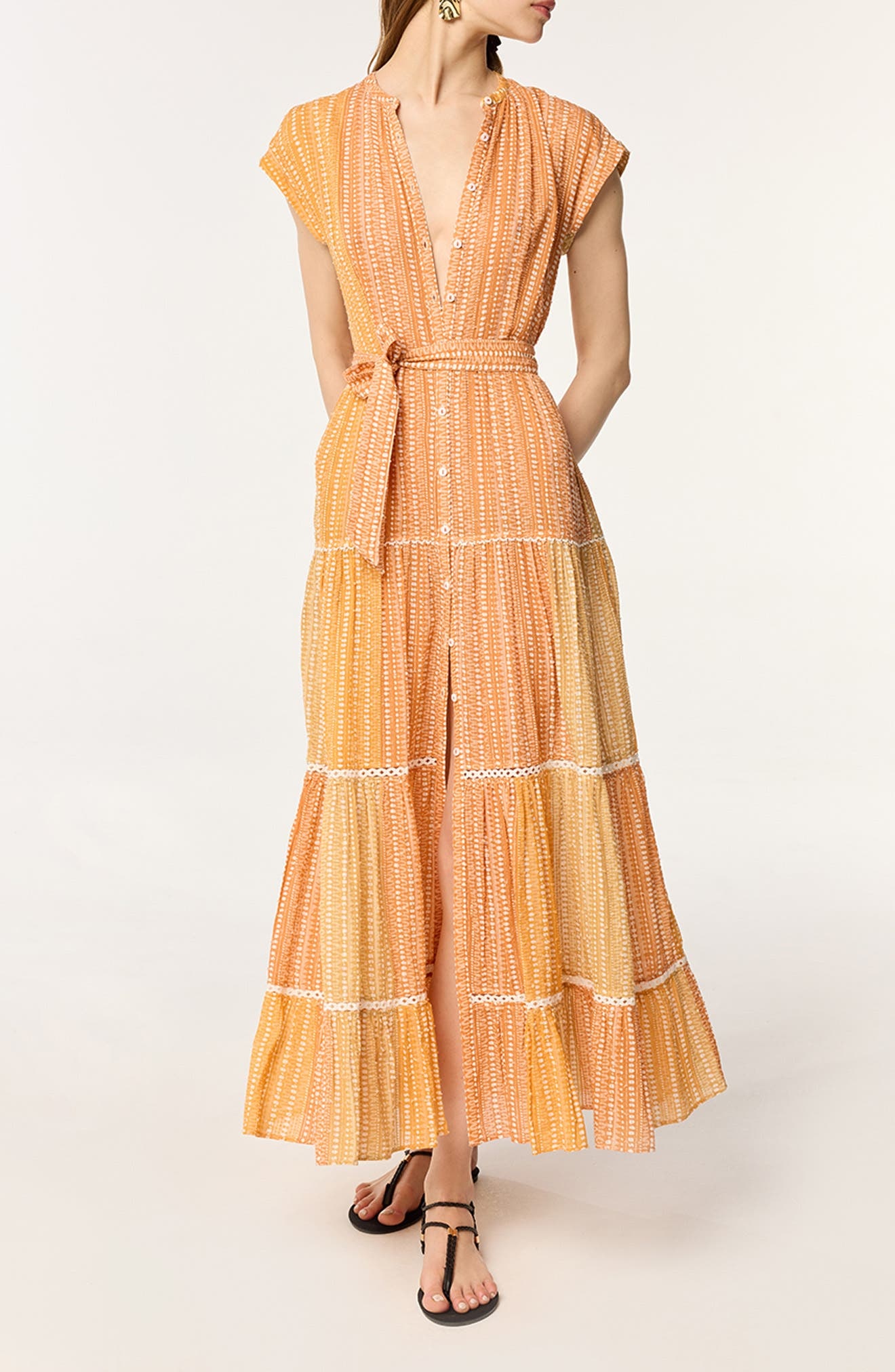 Poupette St Barth Kora Stripe Tie Waist Tiered Cover-Up Maxi Dress in Orange Shona at Nordstrom - 1