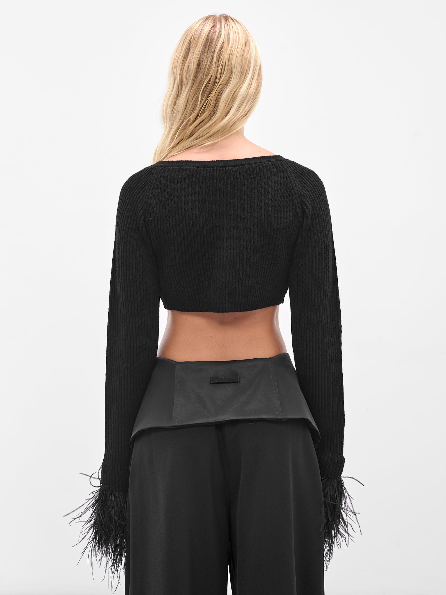 Black Cropped Feather Trim Cardigan - 3