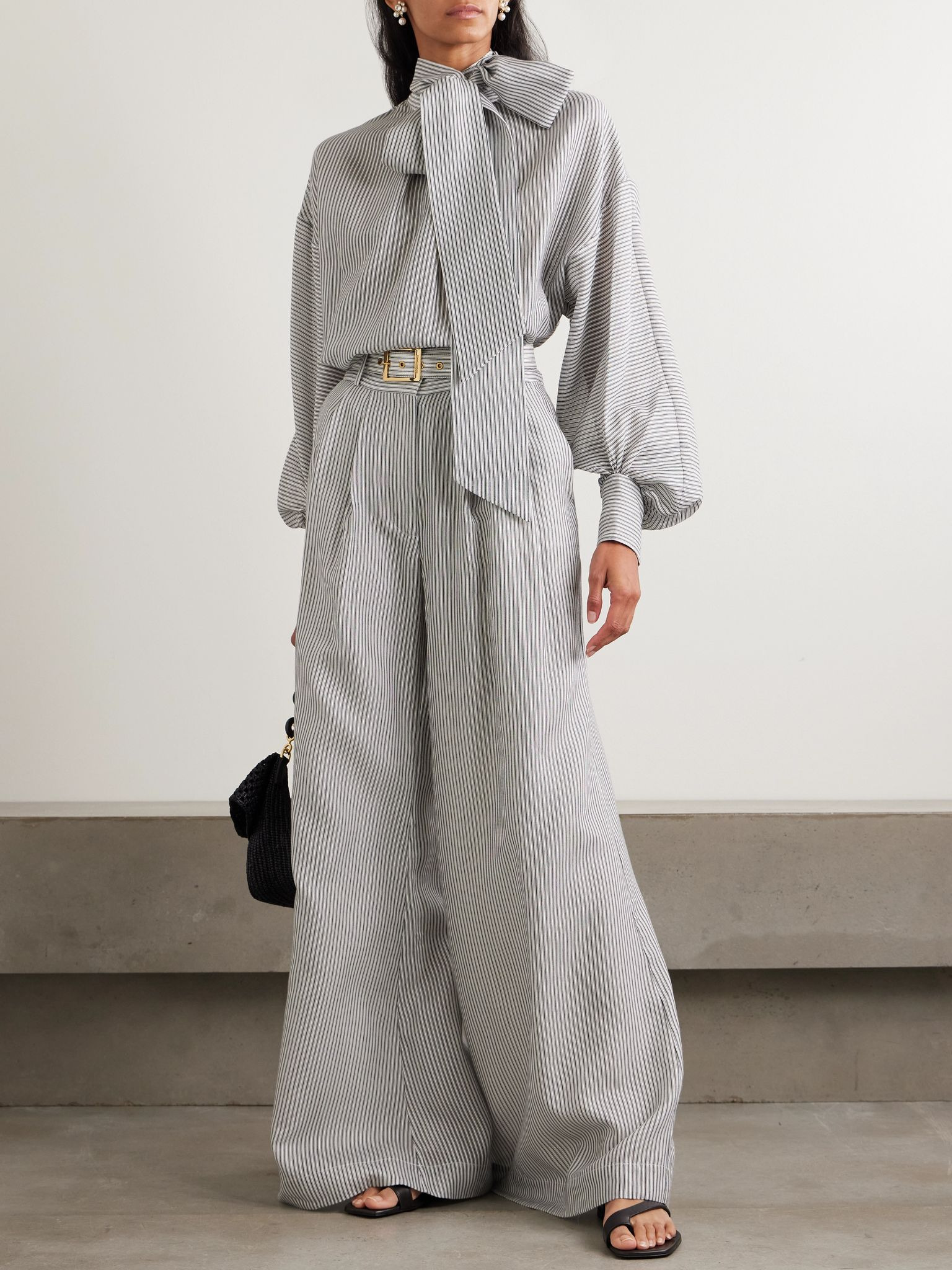 Belted striped cotton and silk-blend wide-leg pants Ivory - 2