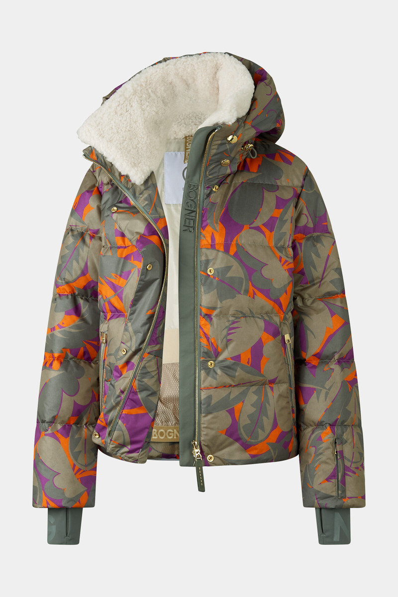 Maja down ski jacket in Olive green/purple/orange 9
