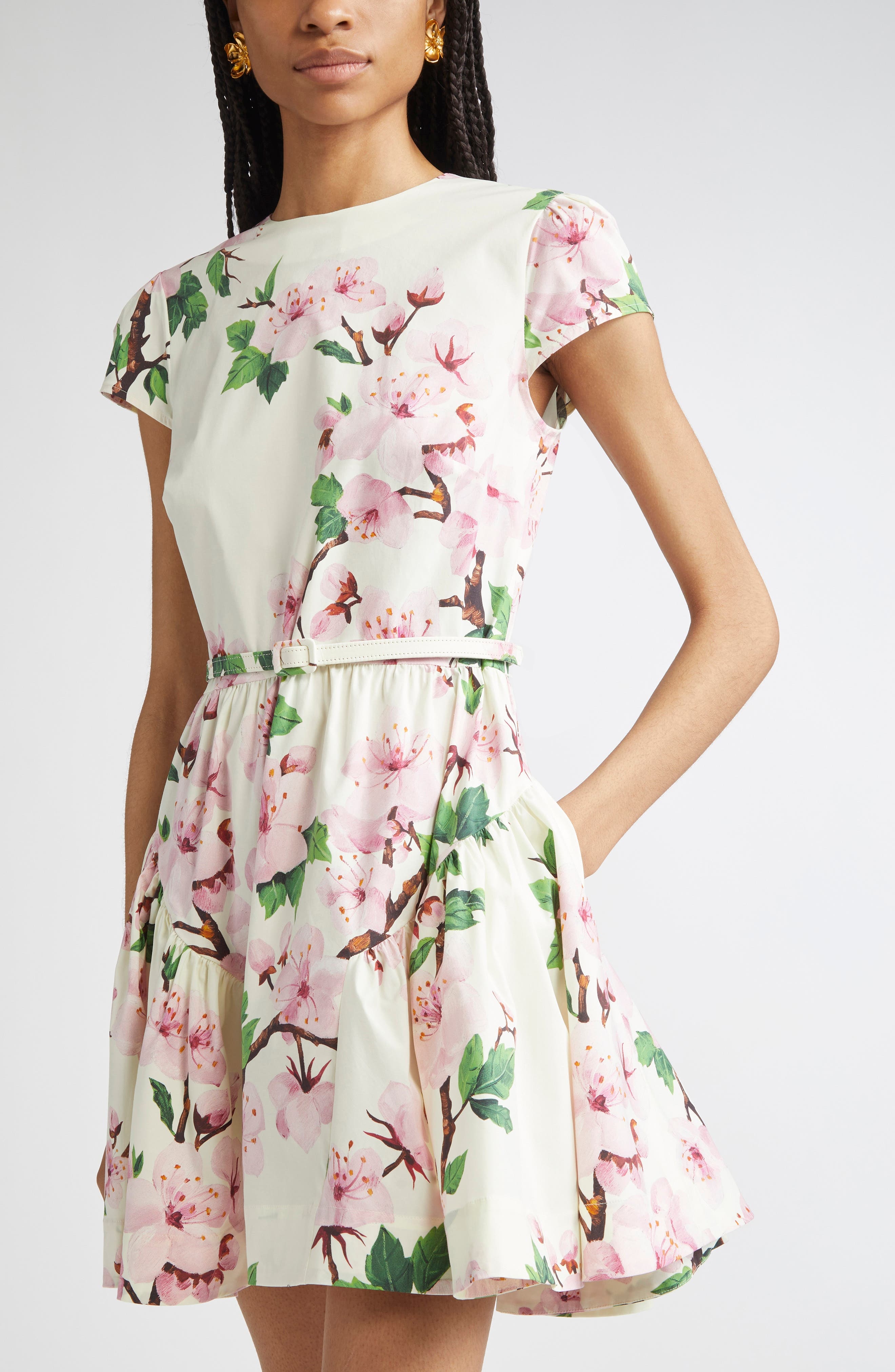 Oscar de la Renta Cherry Blossom Belted Poplin Minidress in Pink/Ecru at Nordstrom - 4
