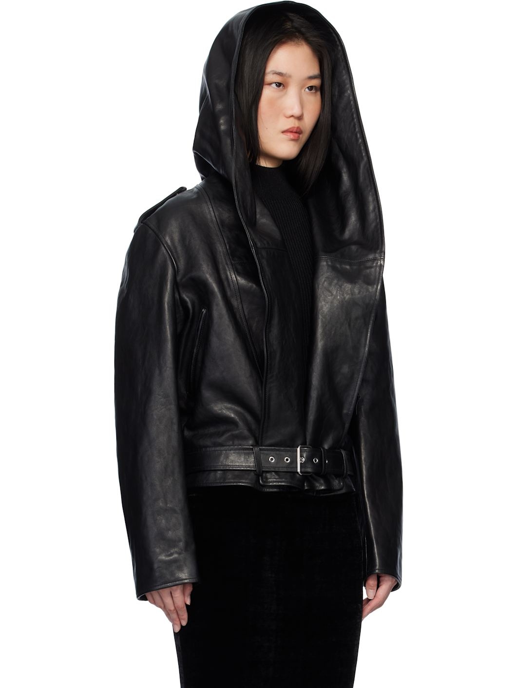 Black Hooded Biker Leather Jacket - 2