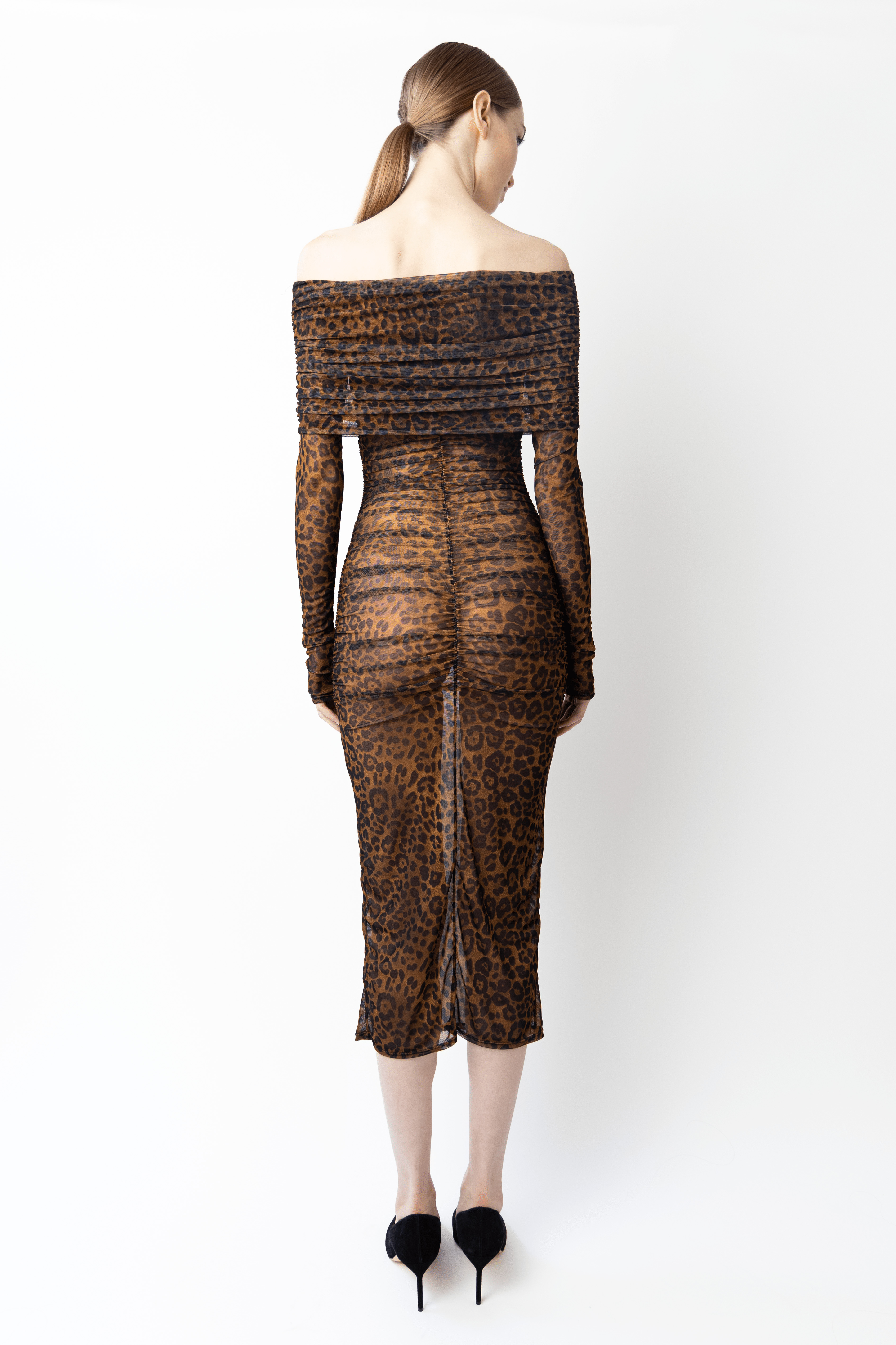 Printed Mesh Off Shoulder Midi Dress - 3
