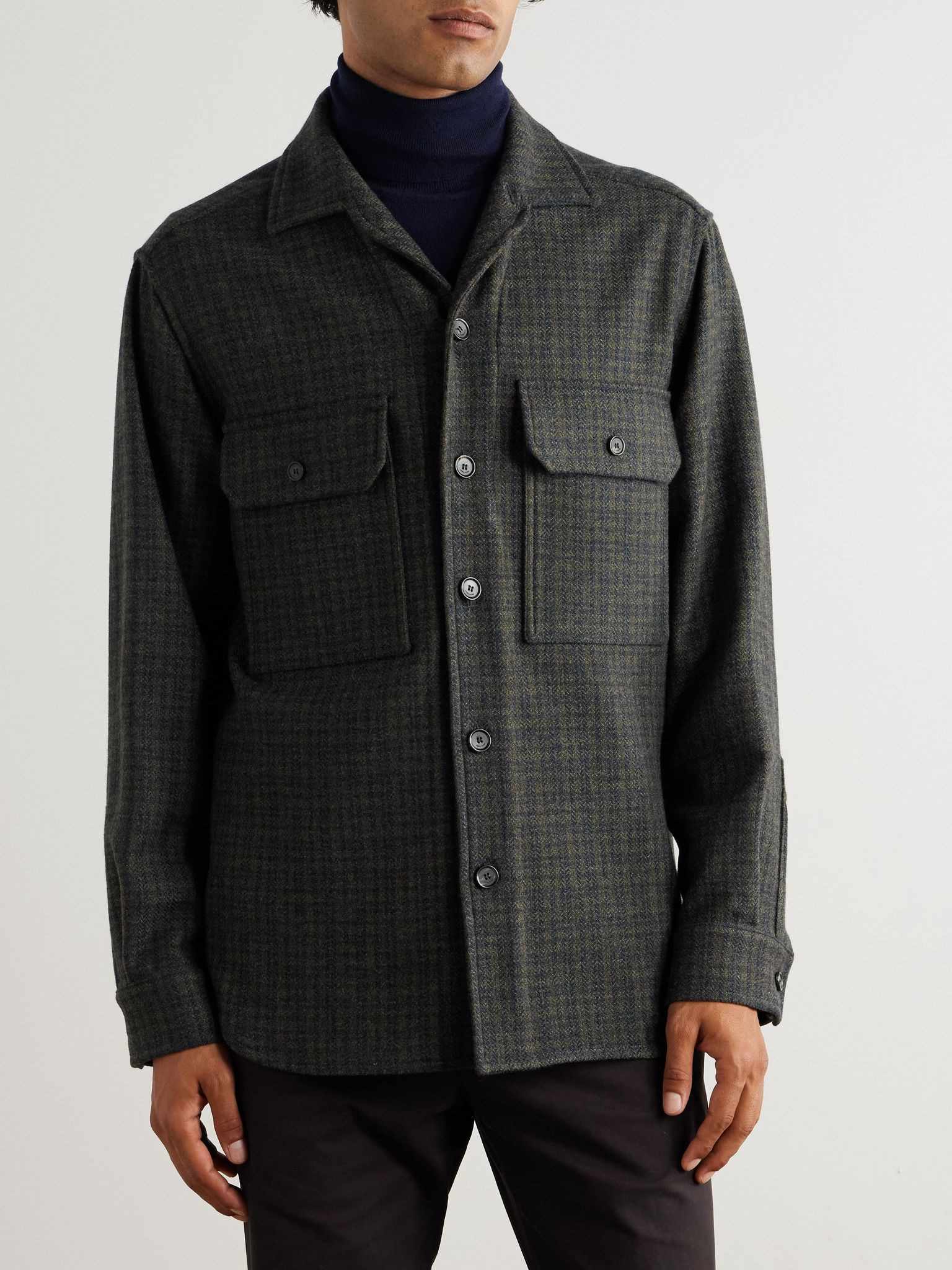 Ambrose Checked Cashmere and Mohair-Blend Overshirt Navy - 3