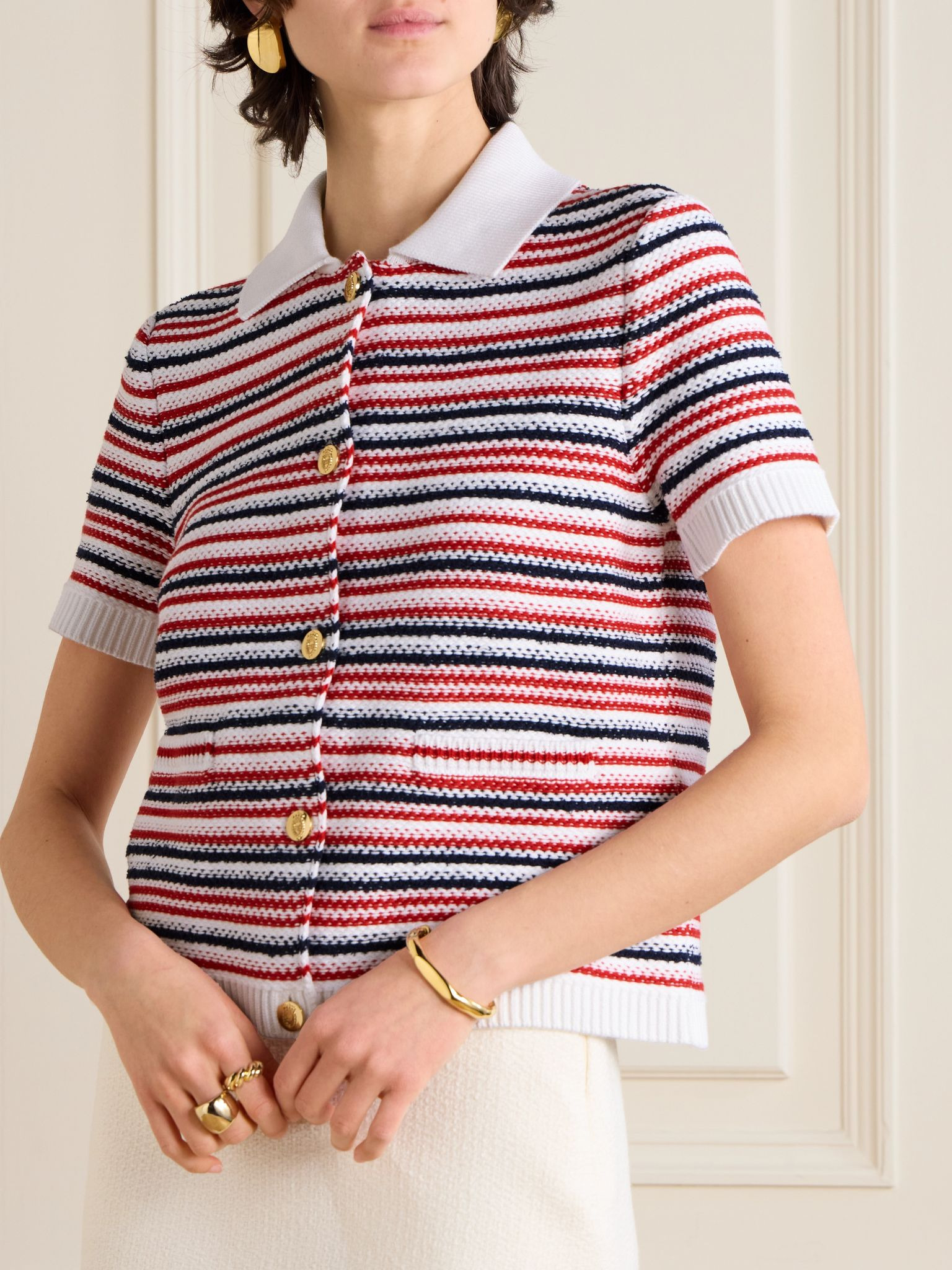 Striped jacquard-knit cotton-blend polo shirt Multi - 3
