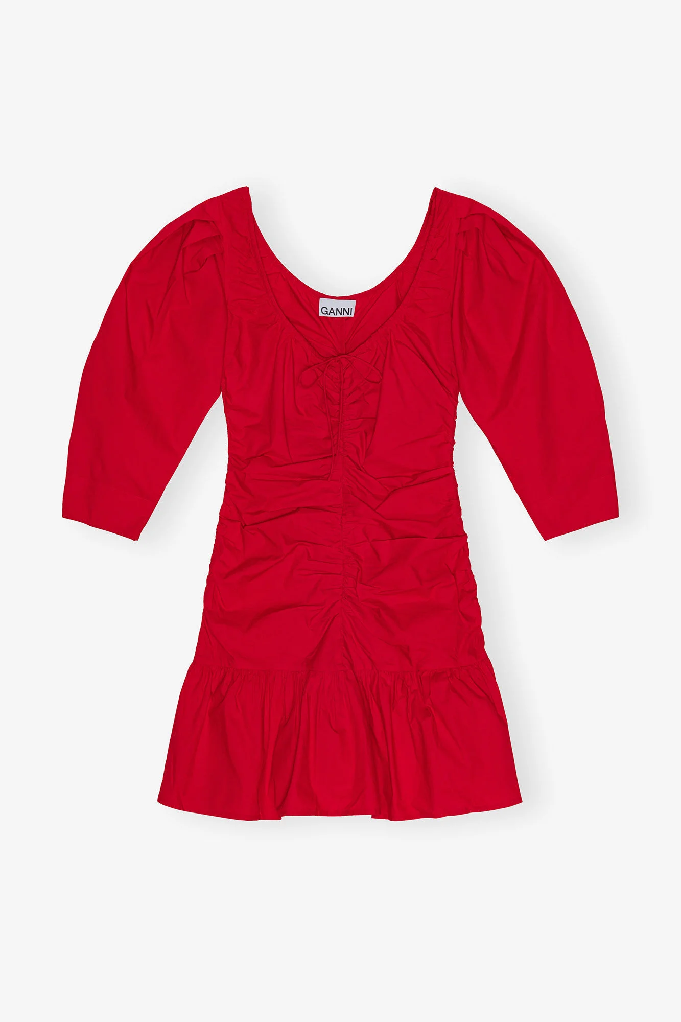 RED COTTON POPLIN GATHERED U-NECK MINI DRESS - 1