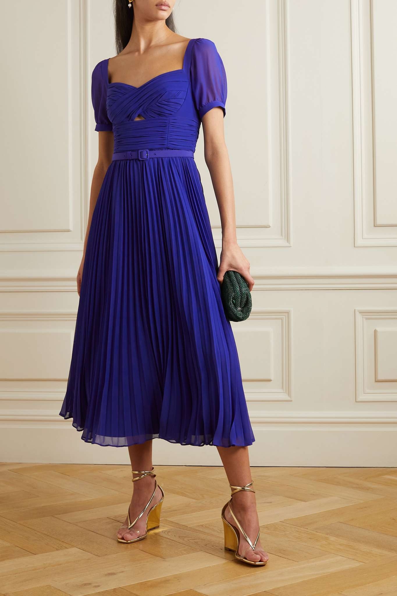 self-portrait Belted cutout pleated chiffon midi dress
