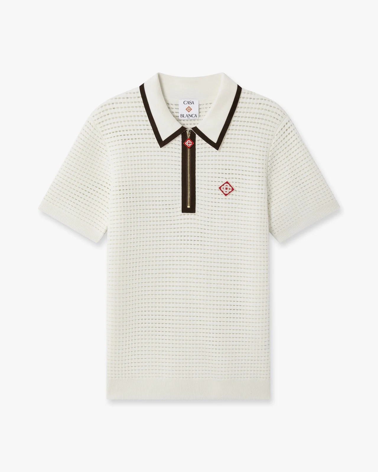 White Wool Waffle Stitch Short Sleeve Polo Shirt - 1