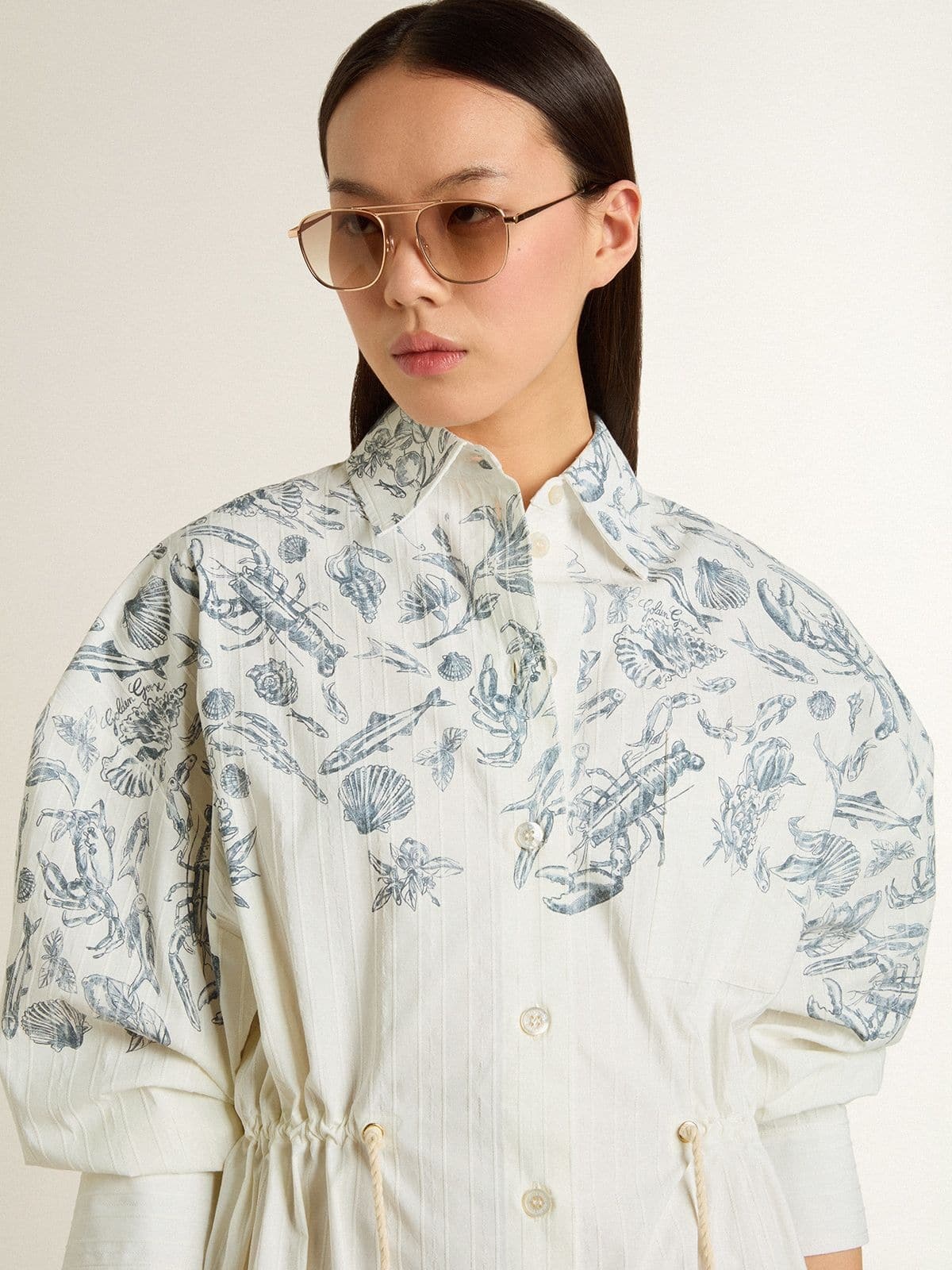 Women's short shirt dress in white striped cotton with a blue marine print - 5