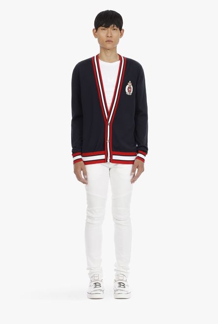 Black, red and white cotton cardigan with embroidered Balmain badge - 4