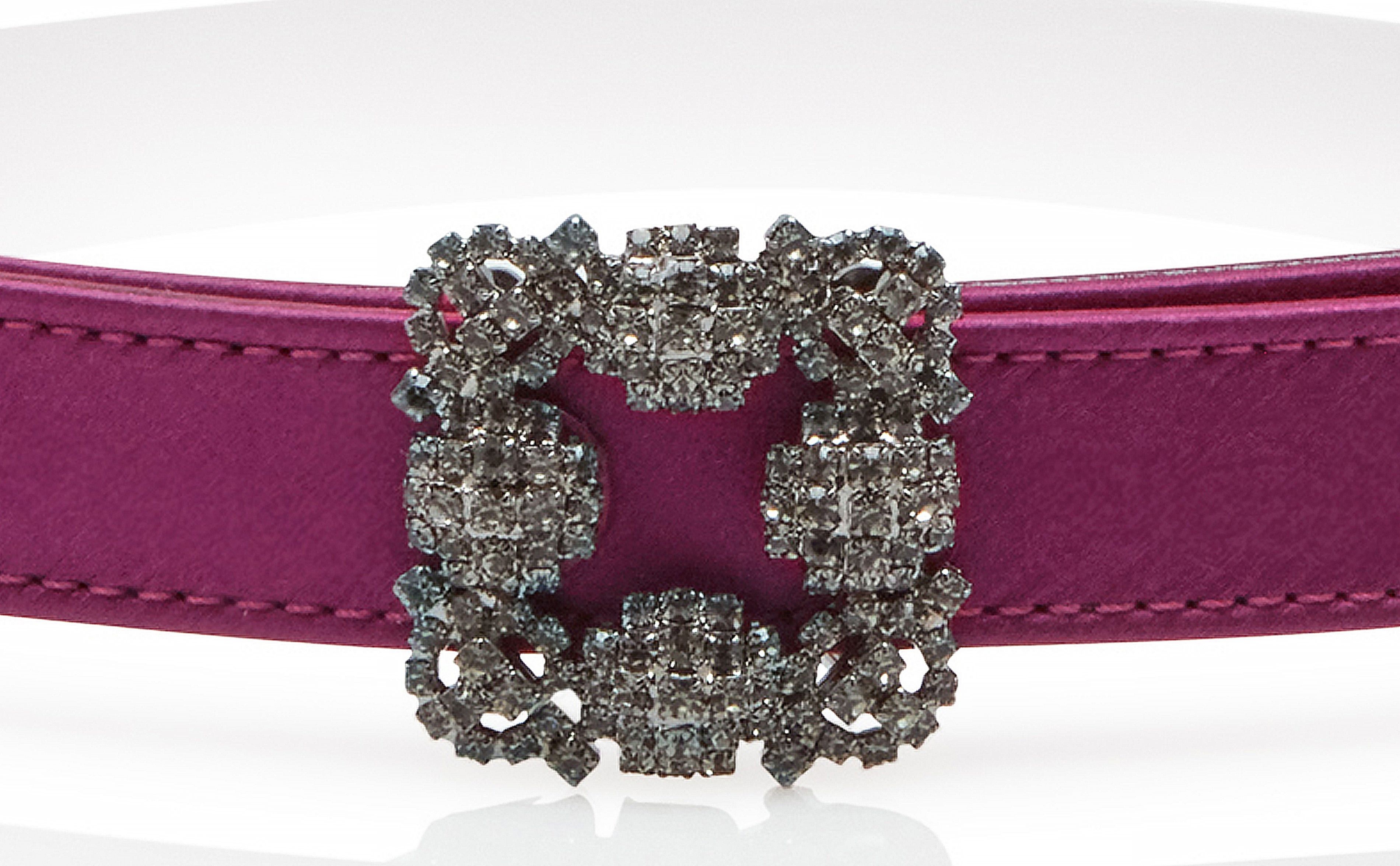 Dark Fuchsia Satin Crystal Buckled Belt - 4