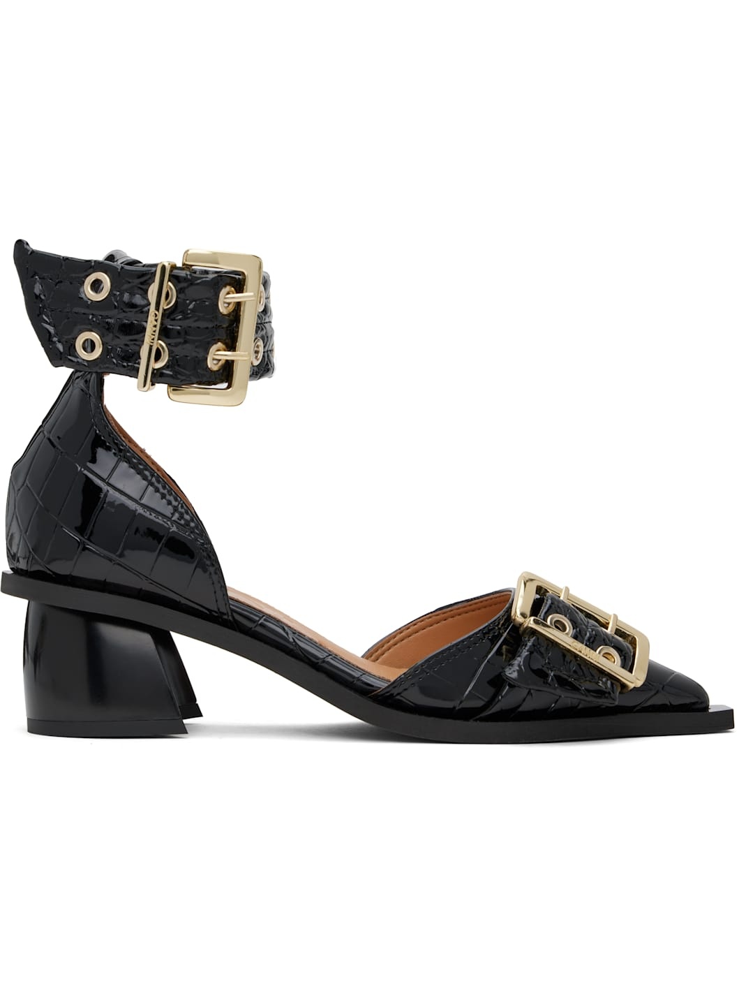 Black Feminine Buckle Open Cut Heels - 1