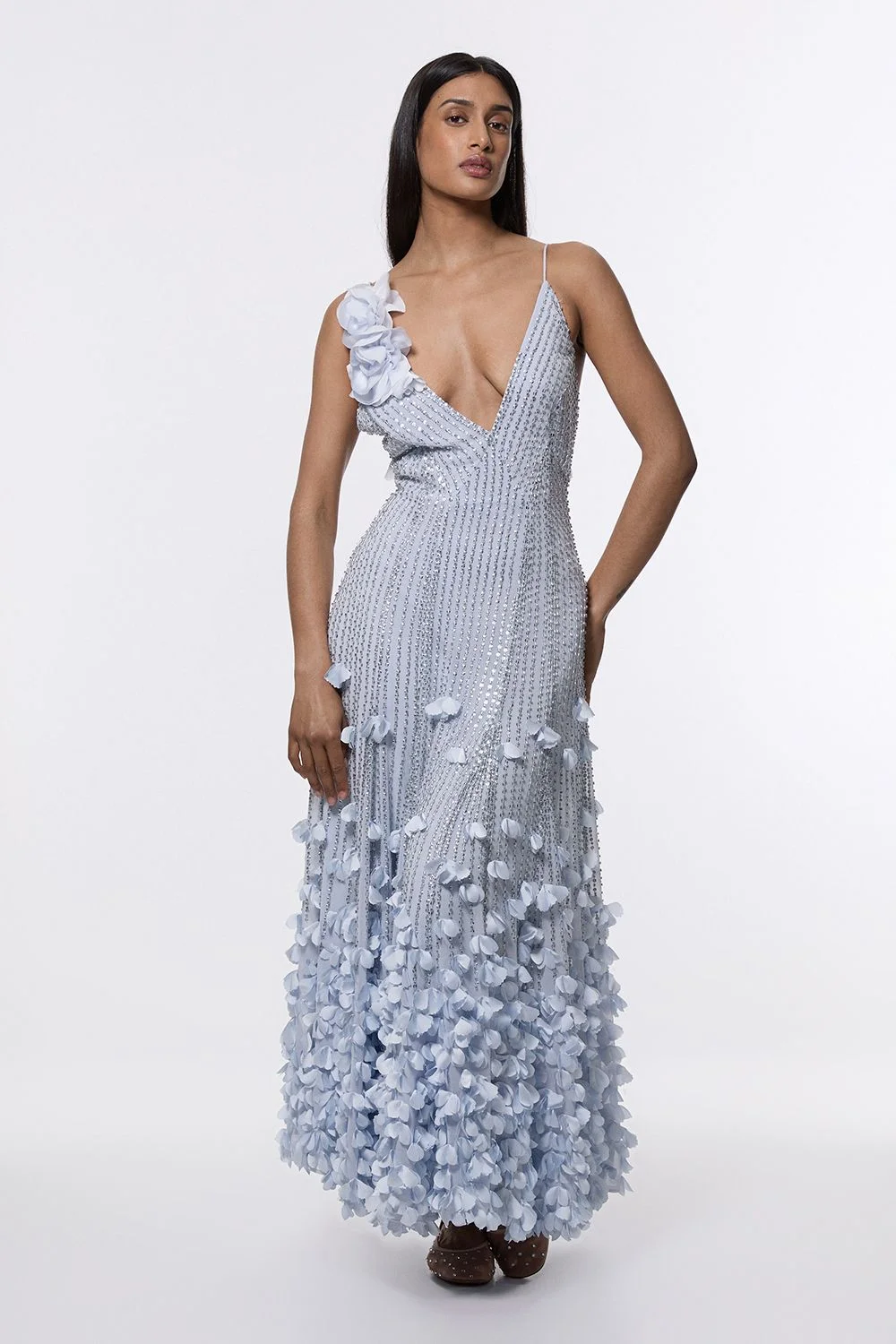 Crystal Applique Strappy Rosette Woven Maxi Dress - 1