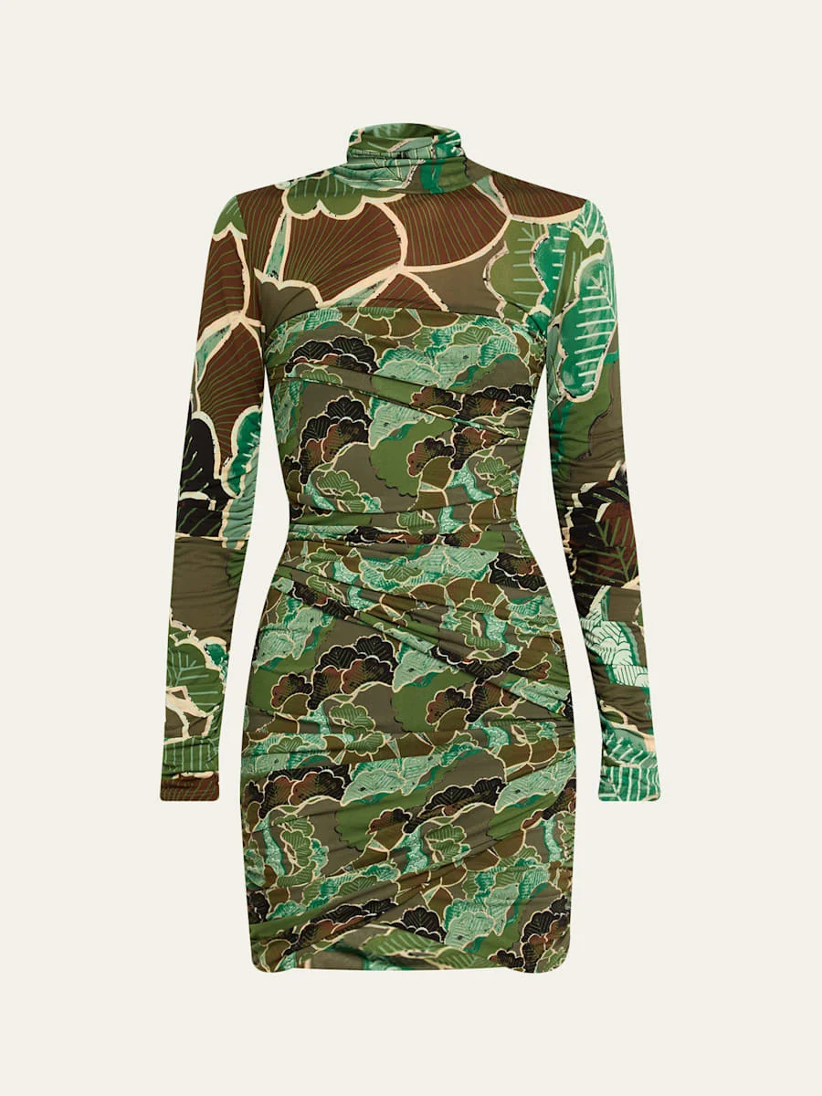 Clarabella Ruched Leaf-Print Bodycon Mini Dress - 1
