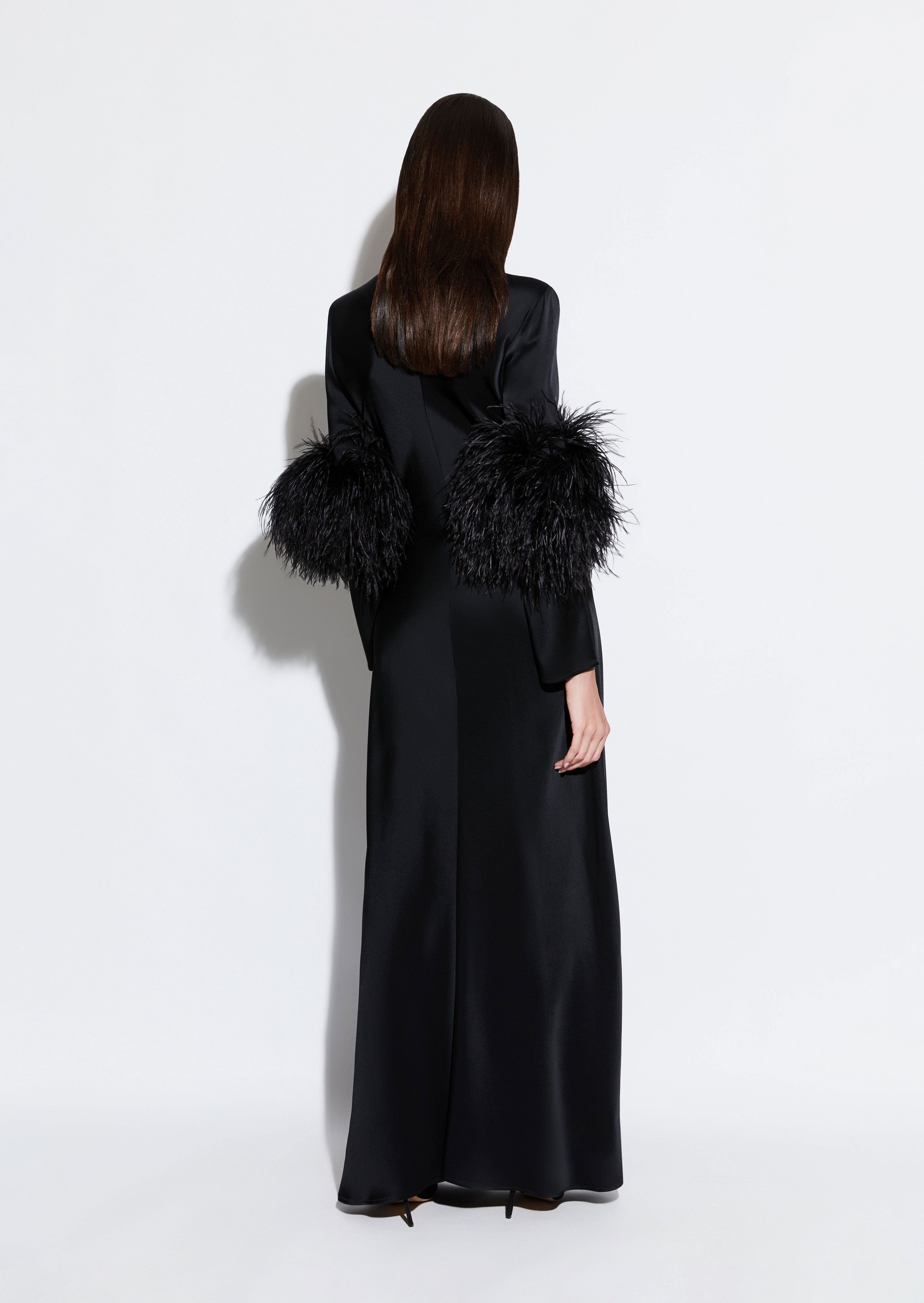 Satin Bias Feather Tab Gown With Slit - 3
