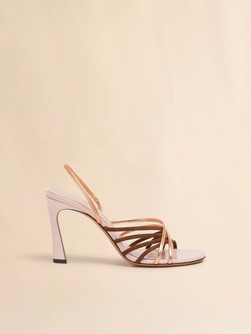 PINK BROWN AND ROSE GOLD SUEDE AND METALLIC LEATHER NEW WAVE SANDAL 1