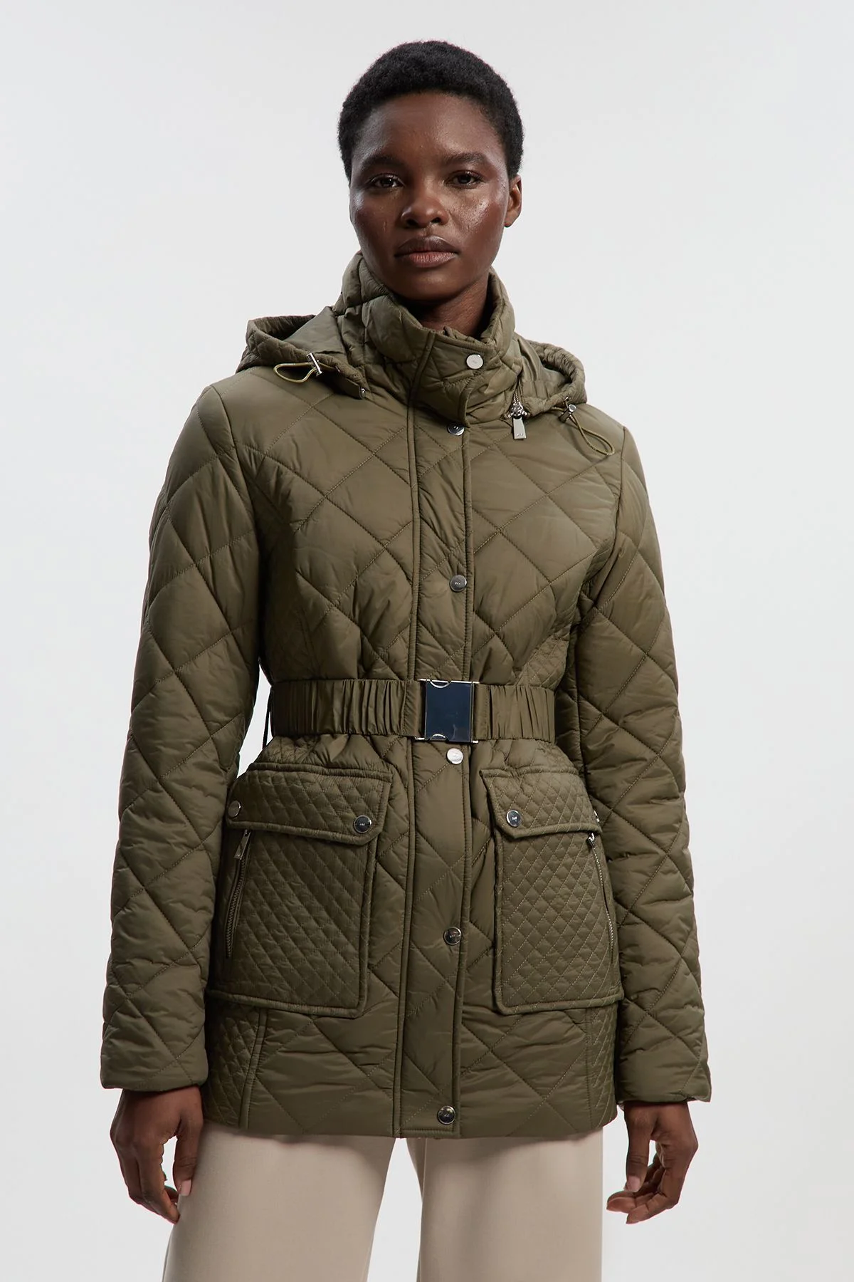 Diamond Quilted Belted Short Padded Coat - 1