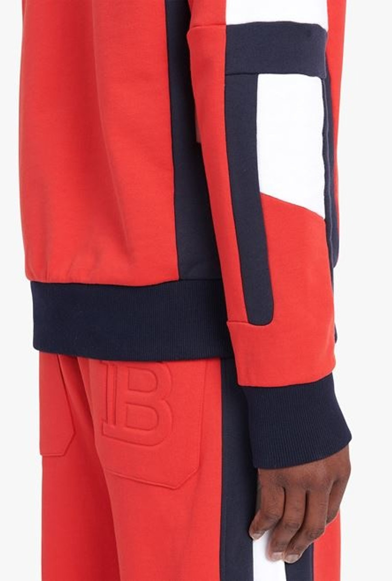 Oversized red, navy blue and white eco-designed cotton sweatshirt with embossed Balmain logo 8
