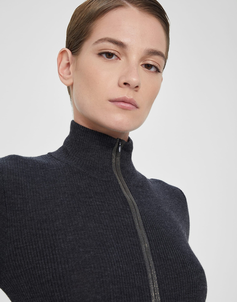 Virgin wool and cashmere lightweight rib knit jumpsuit with precious half zip 3