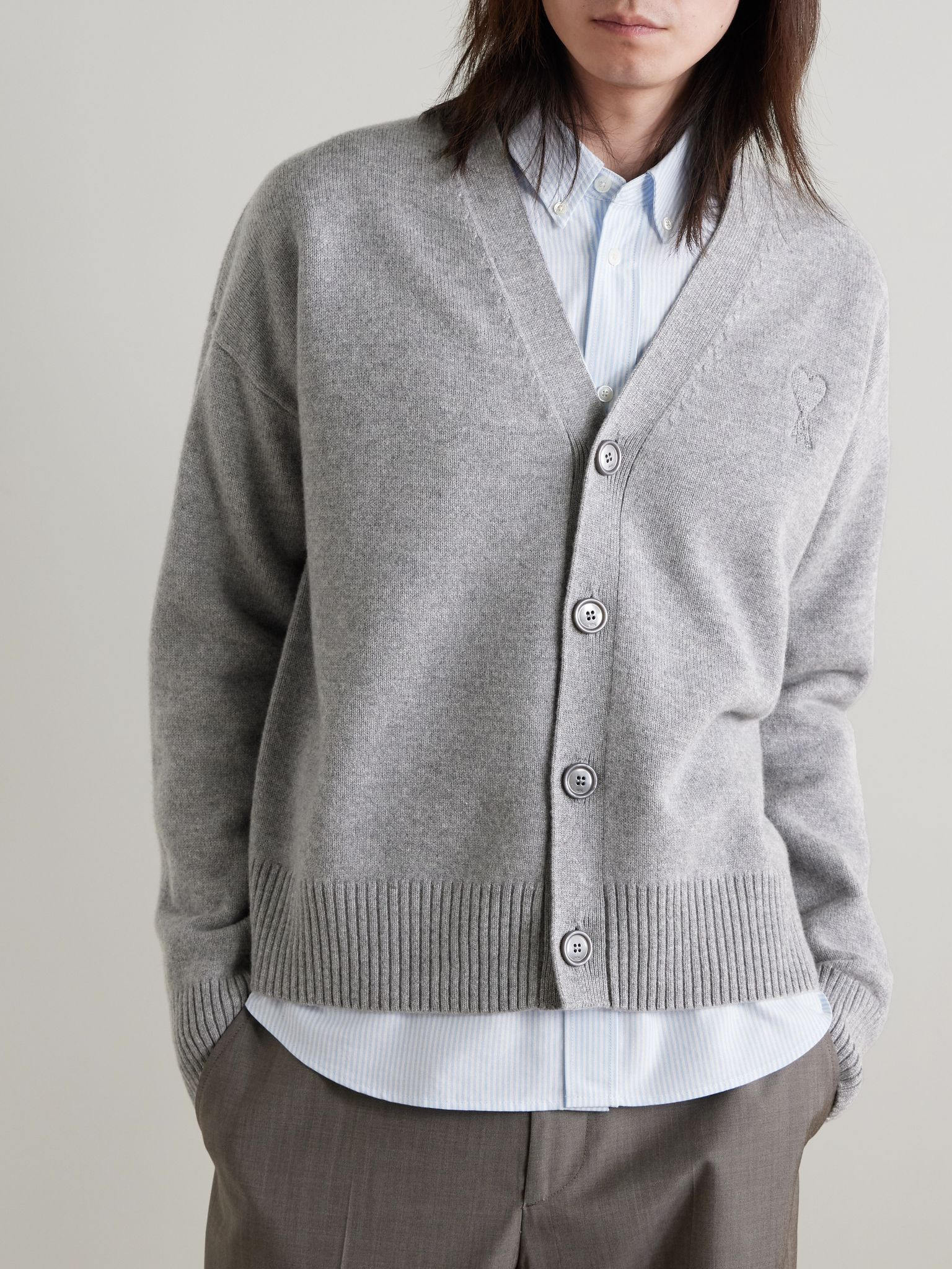 Logo-Embroidered Wool and Cashmere-Blend Cardigan Gray - 3
