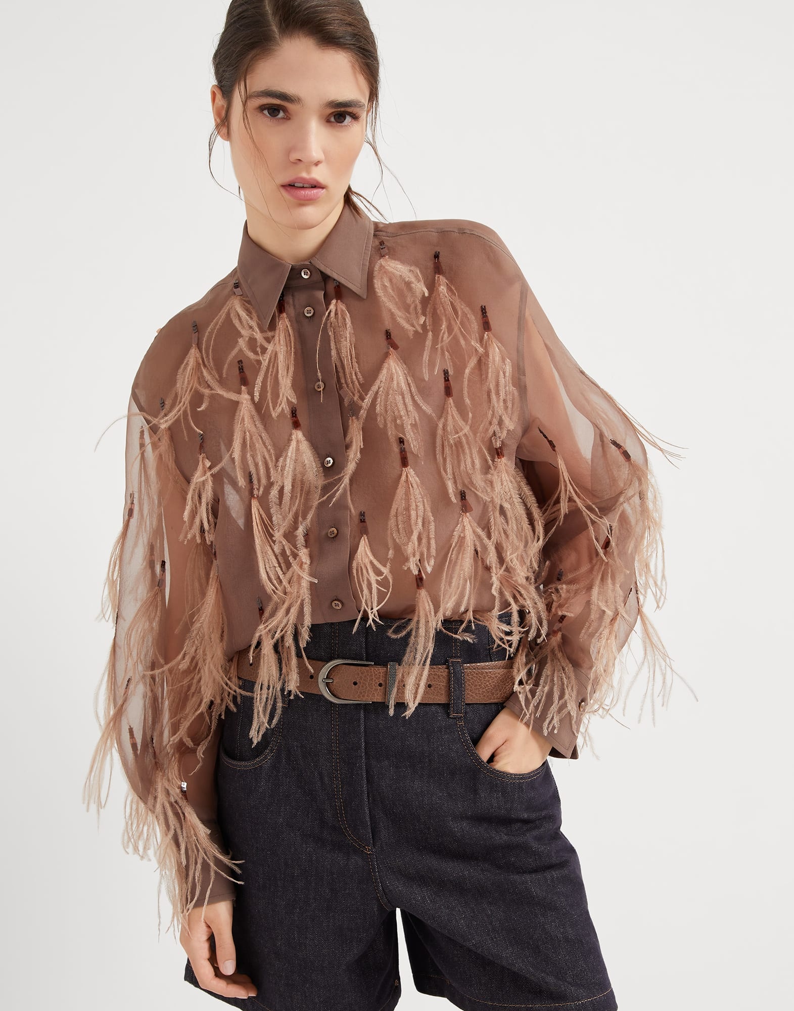 Crispy silk shirt with dazzling feather embroidery - 4