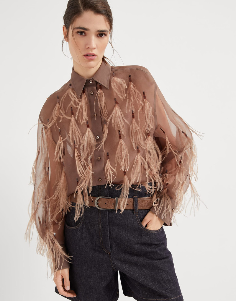 Crispy silk shirt with dazzling feather embroidery 4