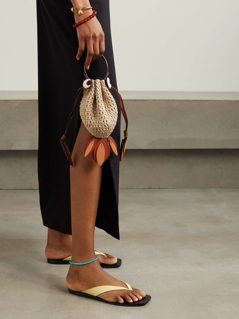 Anya Hindmarch Goldfish leather-trimmed embroidered raffia shoulder bag outlook