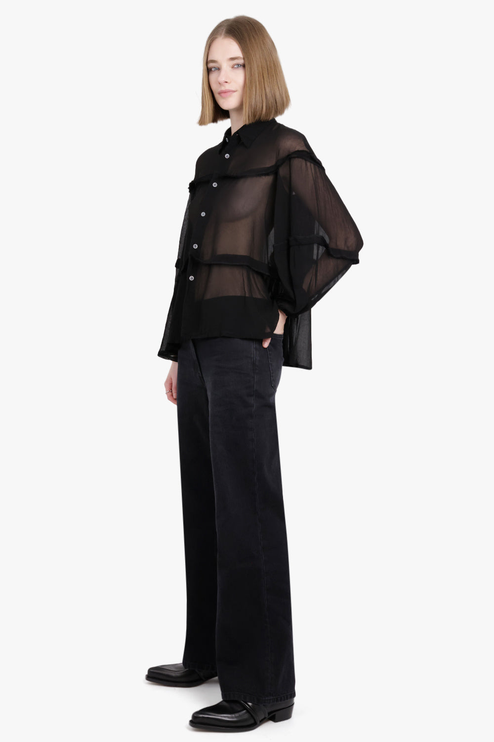SHEER BALLOON SLEEVE PANEL DETAIL L/S SHIRT | BLACK - 3