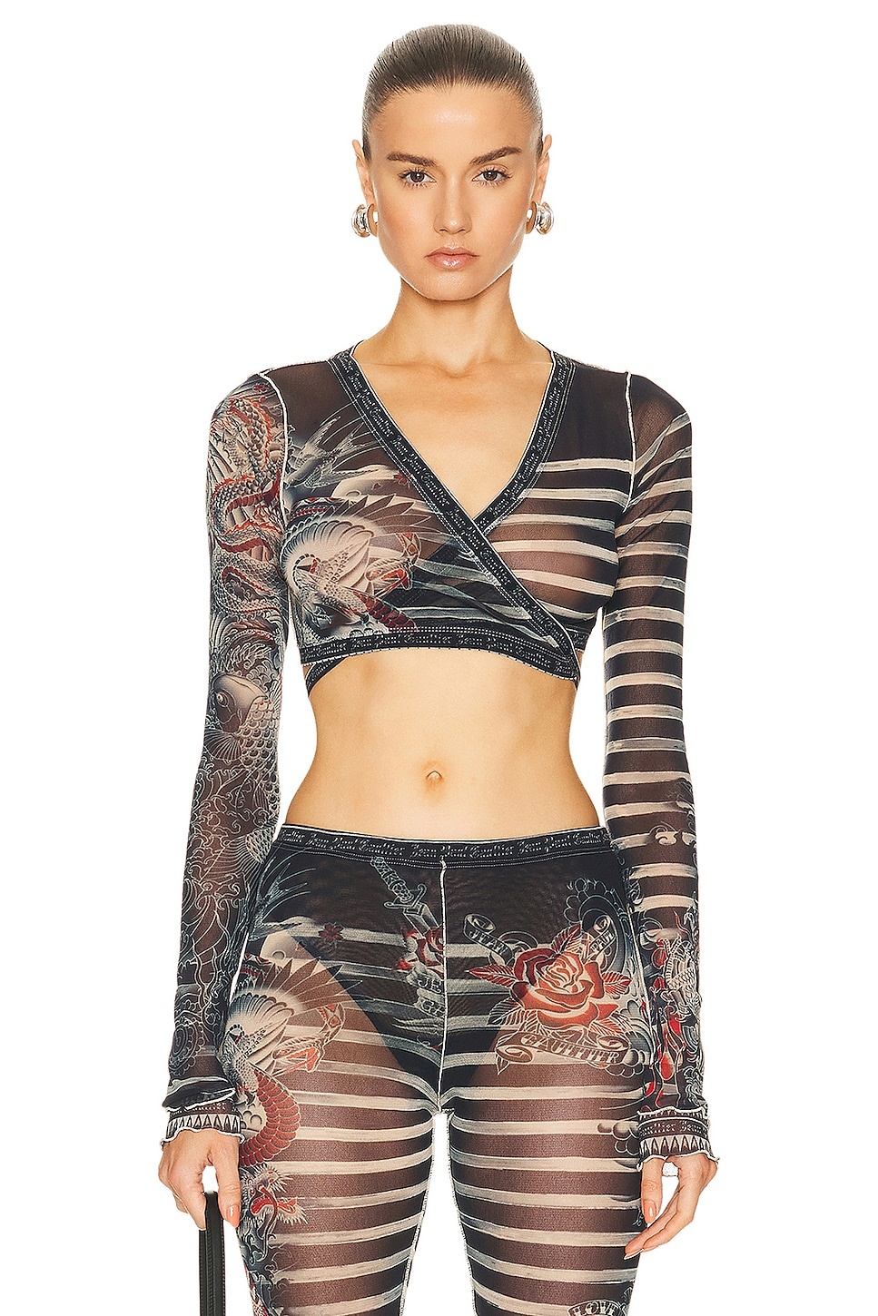 Printed Mariniere Tattoo Cache V Neck Long Sleeve Top - 1