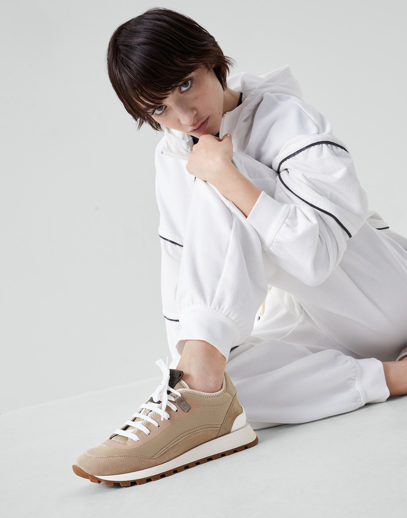 Brunello Cucinelli Suede and techno fabric runners with precious tongue outlook