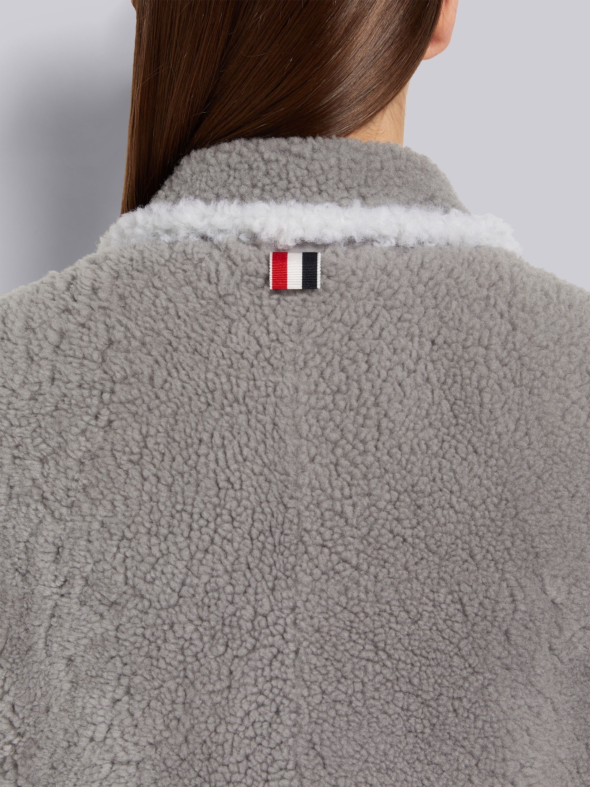 Medium Grey Dyed Shearling Contrast Framing Wide Lapel Overcoat - 5