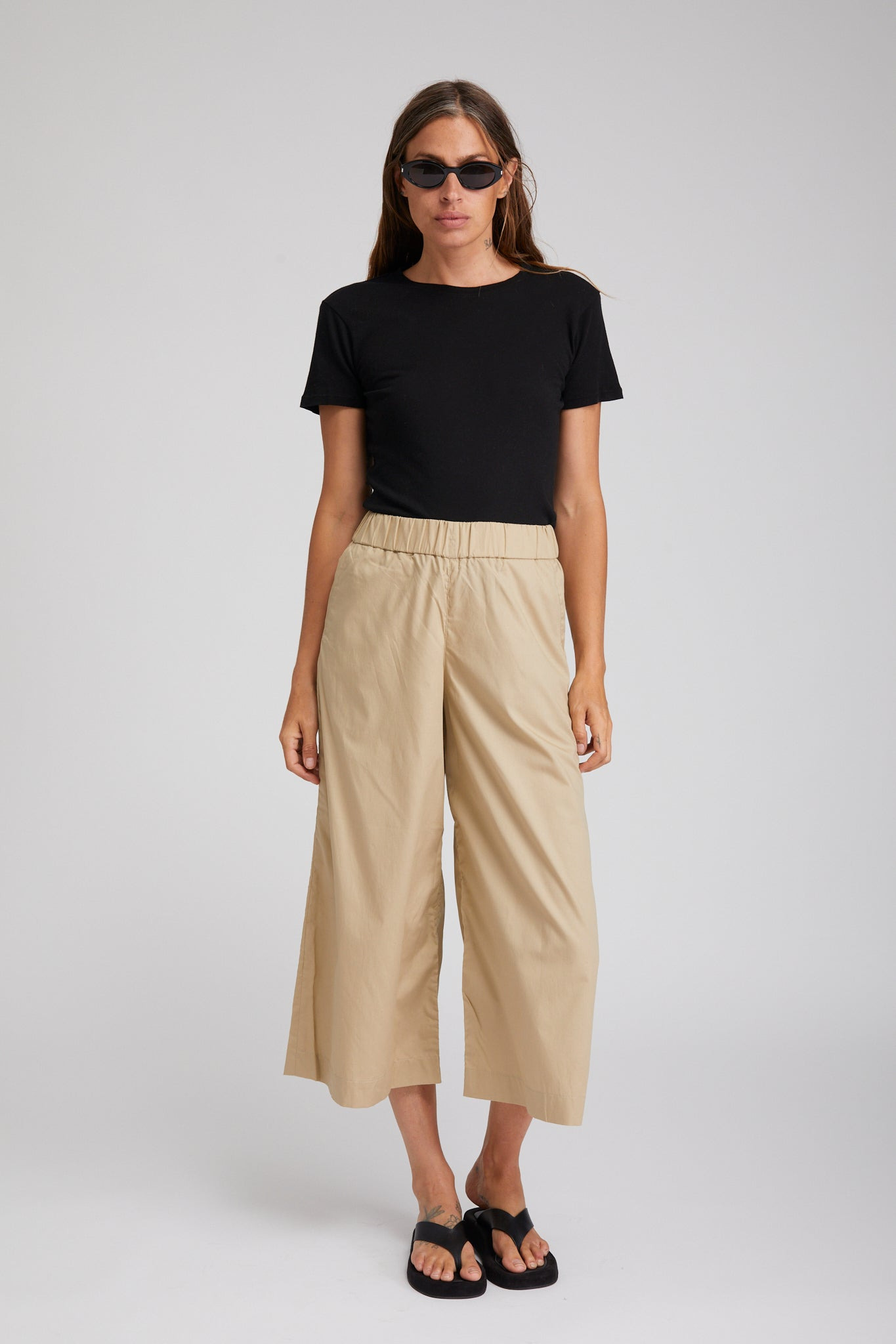 BEIGE COTTON POPLIN CULOTTE PANTS - 4