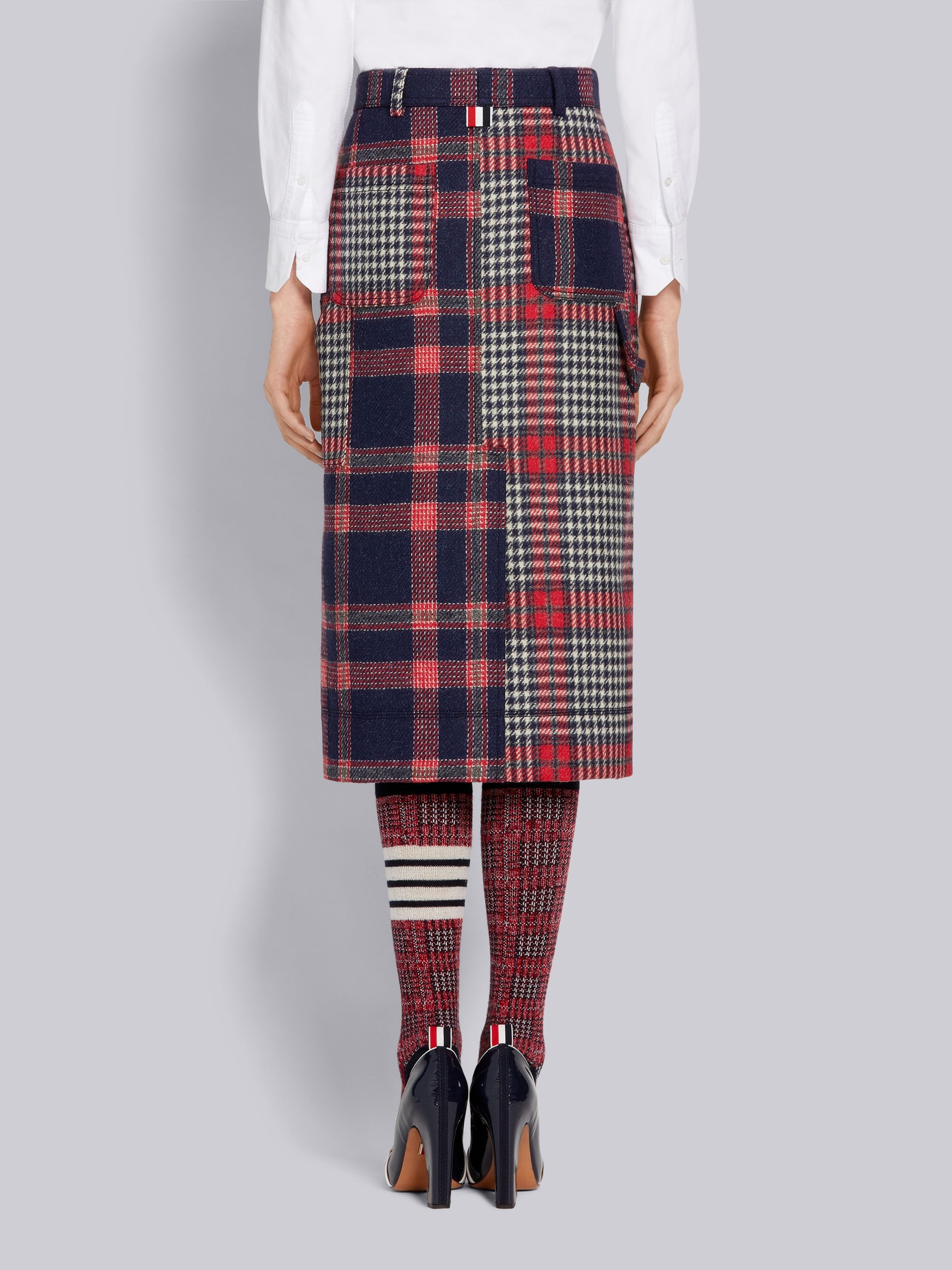 Multicolor Grid Windowpane Check British Wool Below-the-Knee Utility Skirt - 3