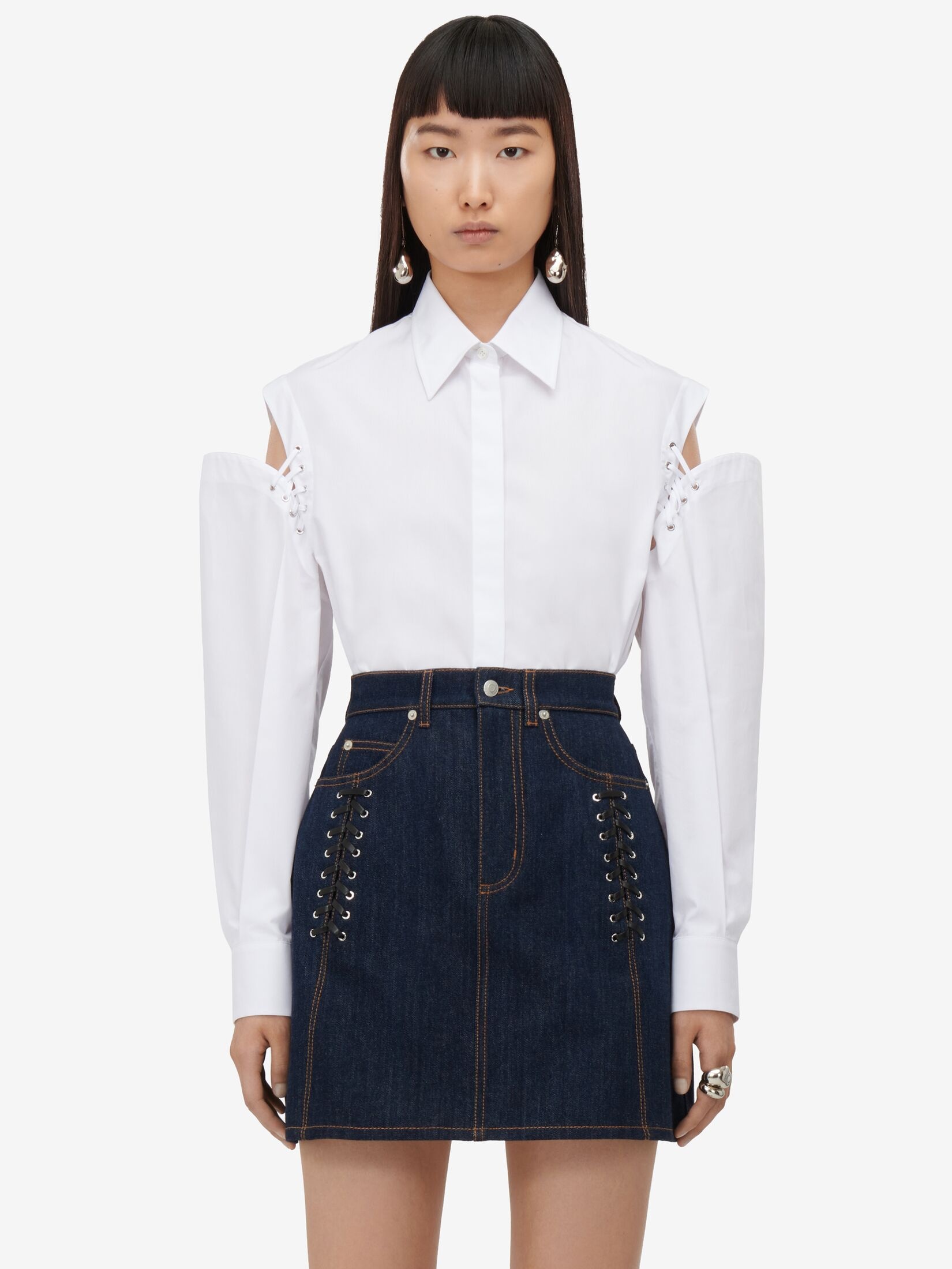Women's Lace Detail Slashed Cocoon Shirt in Optic White - 5