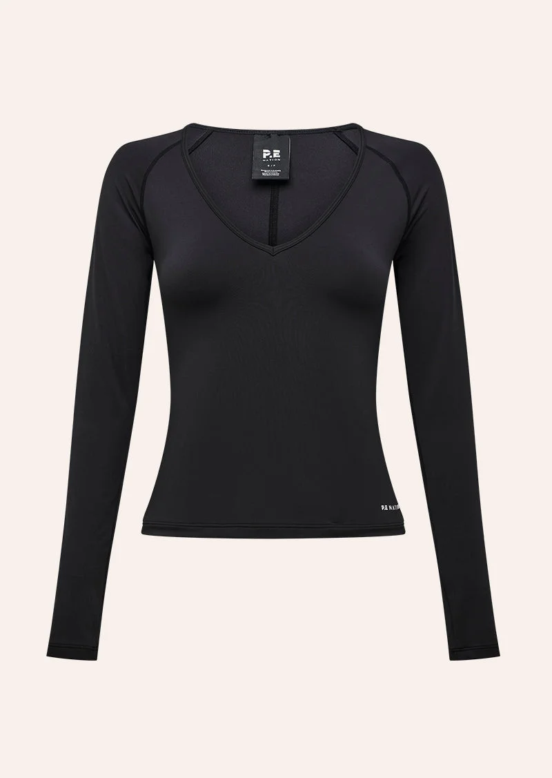 FOUNDATION V NECK LONG SLEEVE TOP IN BLACK - 1