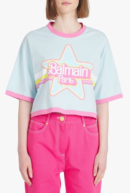 Balmain x Barbie - Blue eco-designed cotton cropped T-shirt with pink Balmain logo print - 5