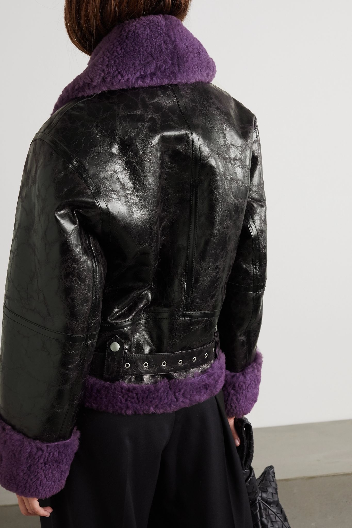 Oversized shearling and glossed textured-leather jacket - 3