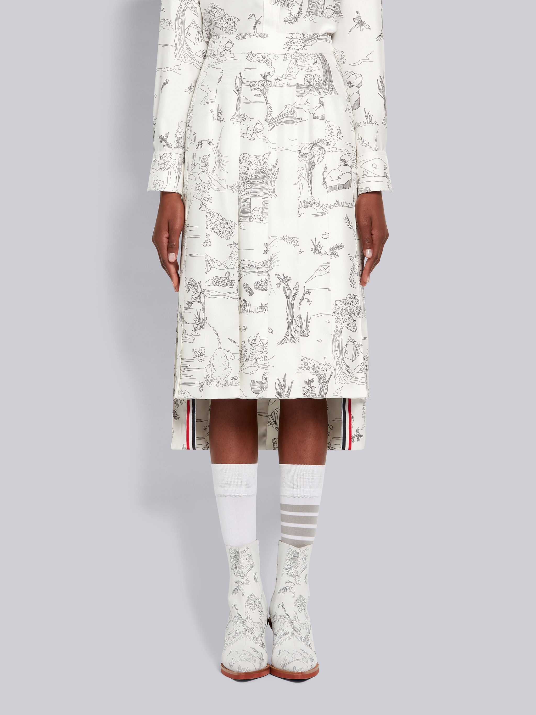 White Silk Twill Animal Camp Toile Dropped Back Pleated Below-the-Knee Skirt - 1