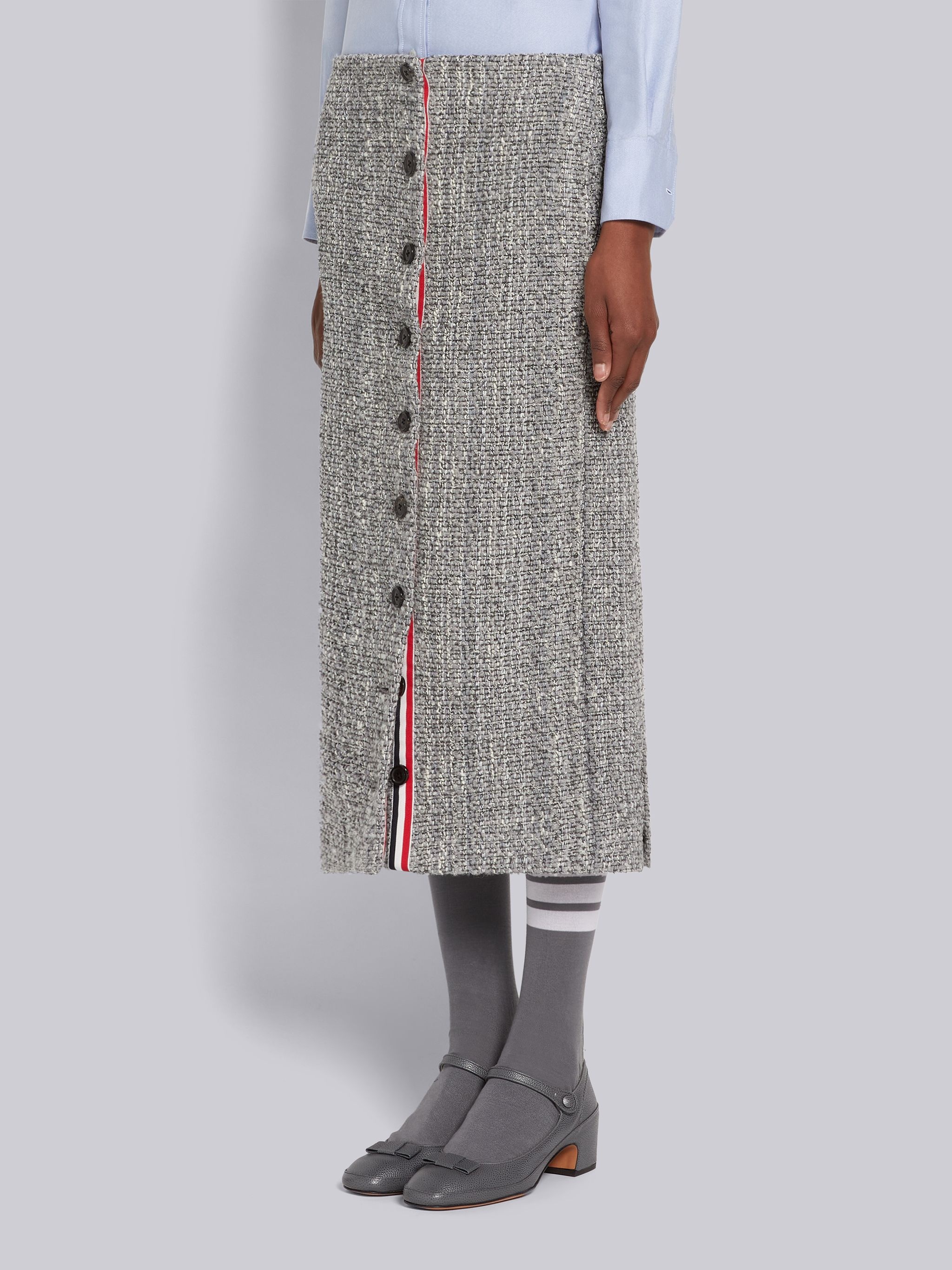 Medium Grey Melange Look Solid Tweed Grosgrain Button Front Ankle Length Cardigan Skirt - 2