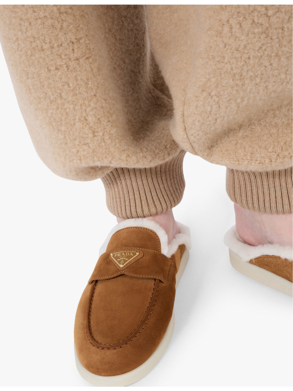 Brand-plaque suede and shearling mules - 2