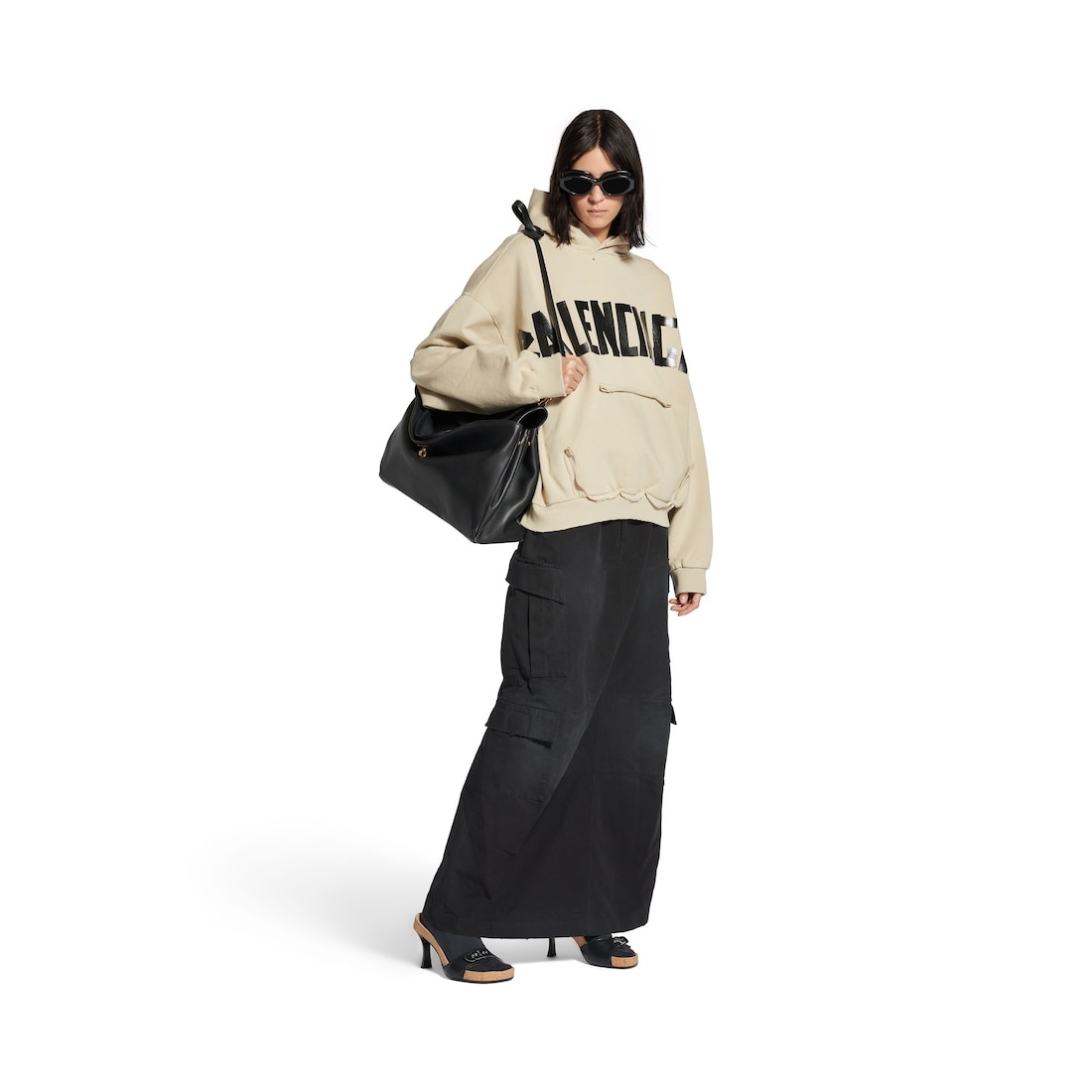 Tape Type Ripped Pocket Hoodie in Beige - 4